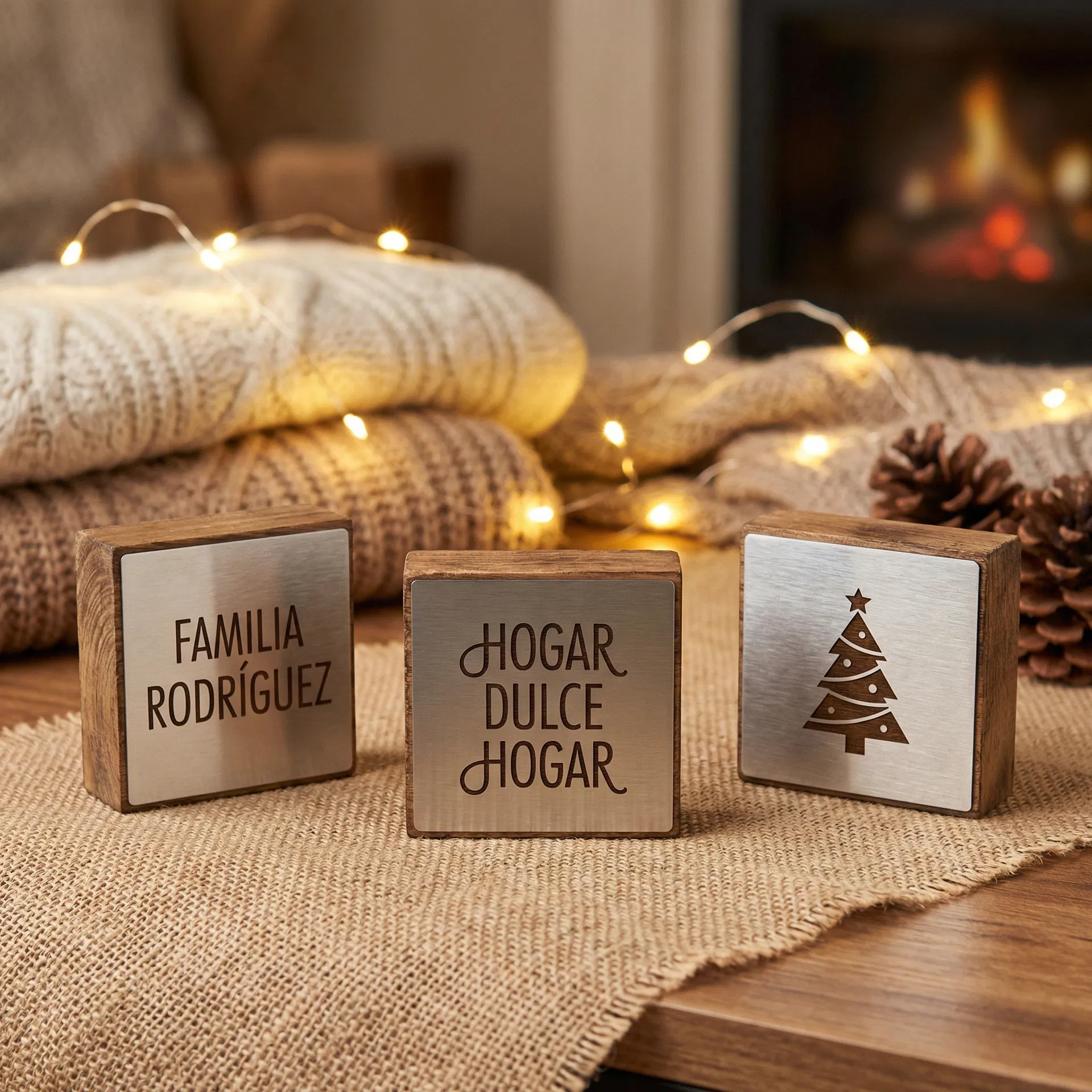 Colección de mini placas decorativas en madera y acero con textos en español