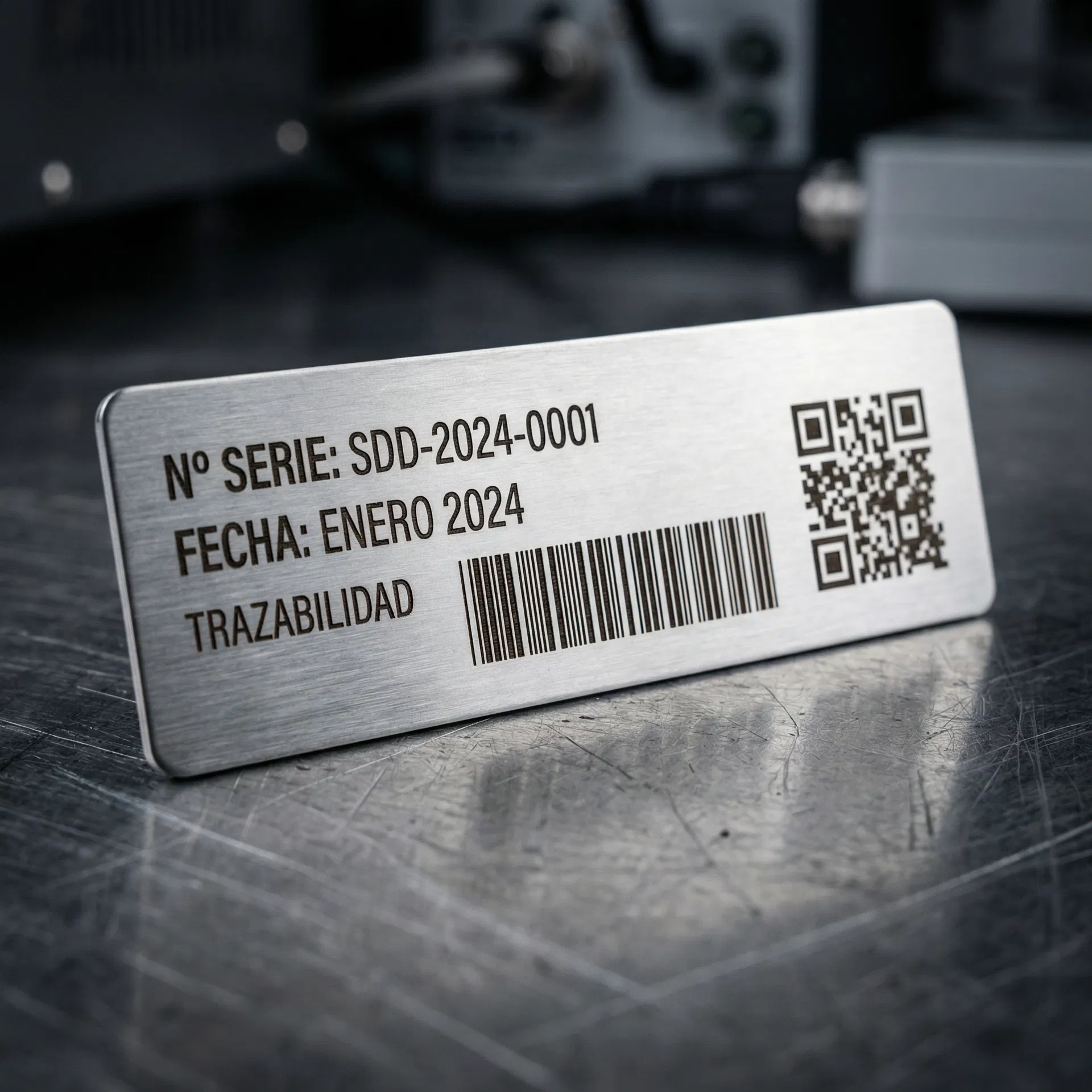 Placa de trazabilidad con código de barras y QR grabados en acero inox