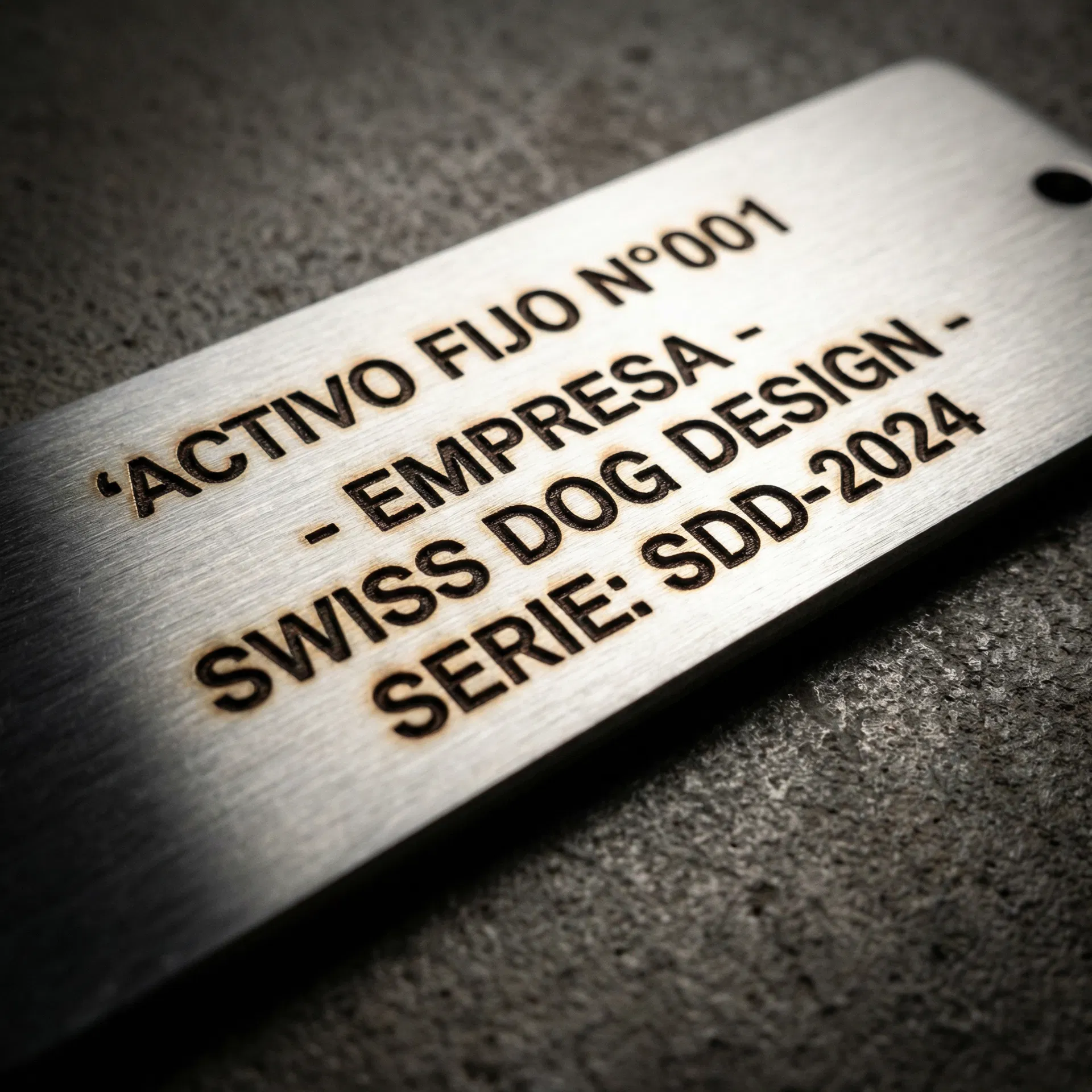 Placa de activo fijo en acero inoxidable 304 con número de serie grabado