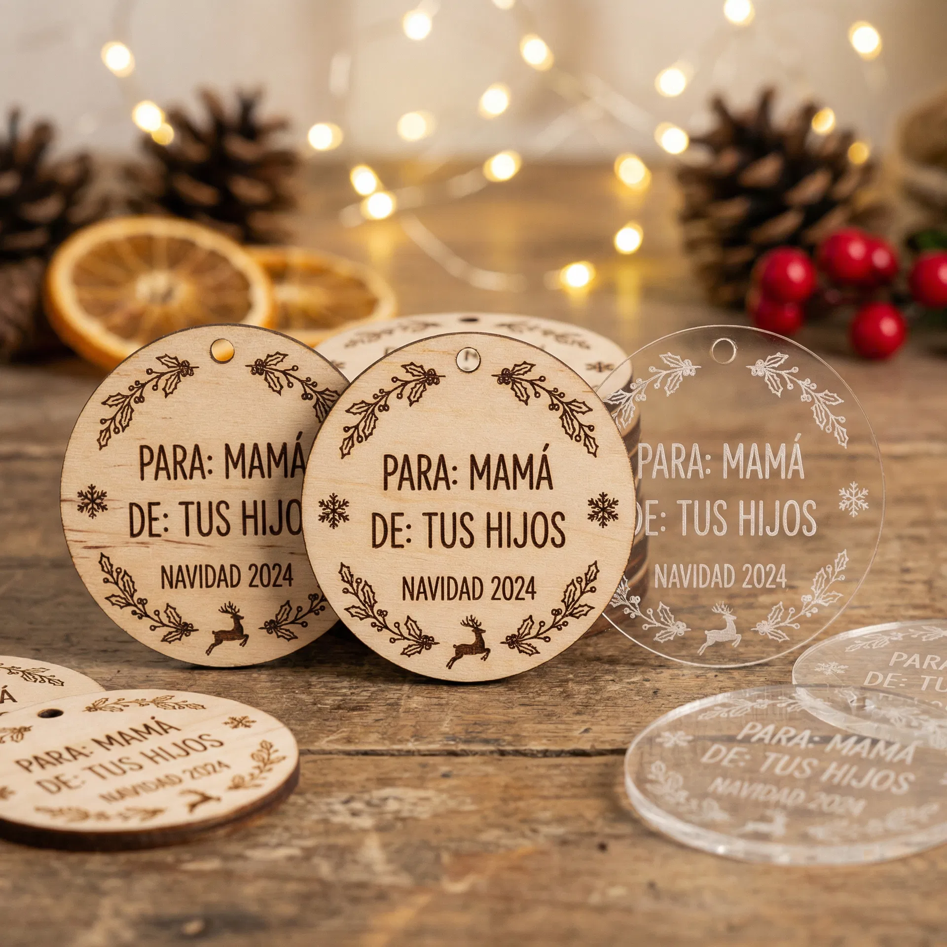 Tags de regalo navideños en madera y acrílico con grabado personalizado en español