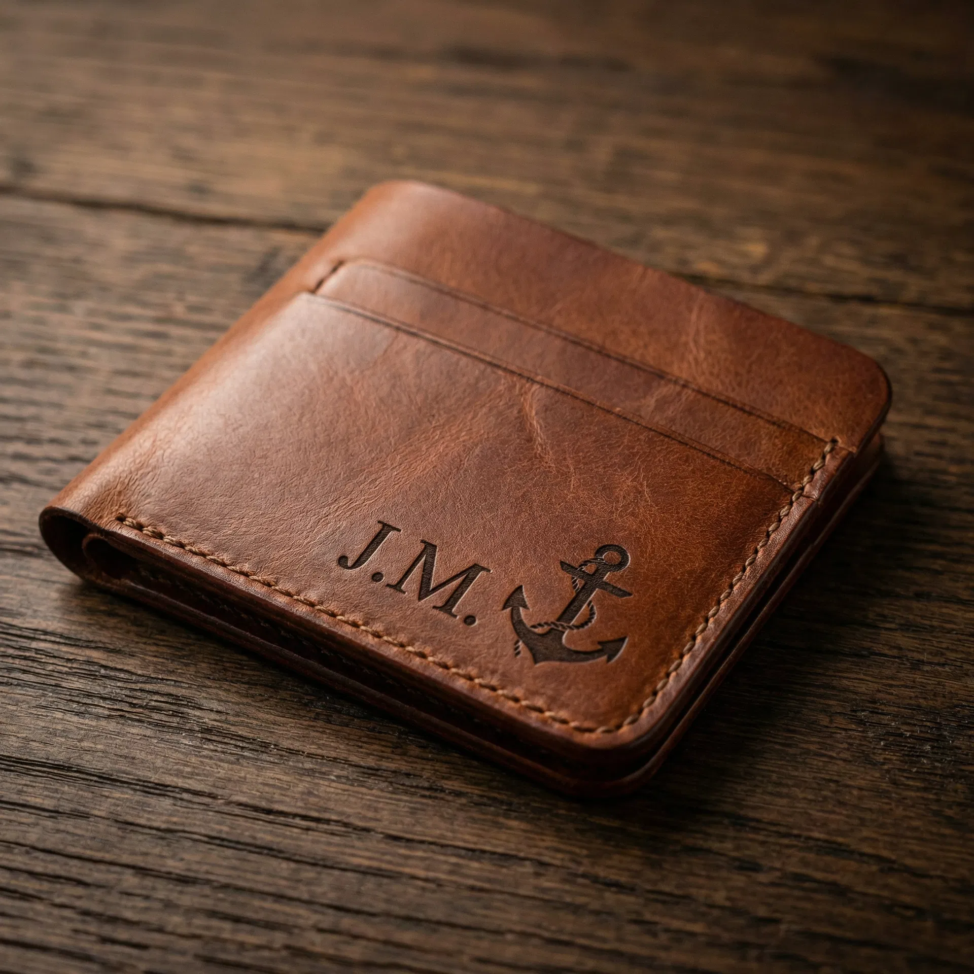 Tarjetero de cuero genuino con grabado láser de iniciales y logo