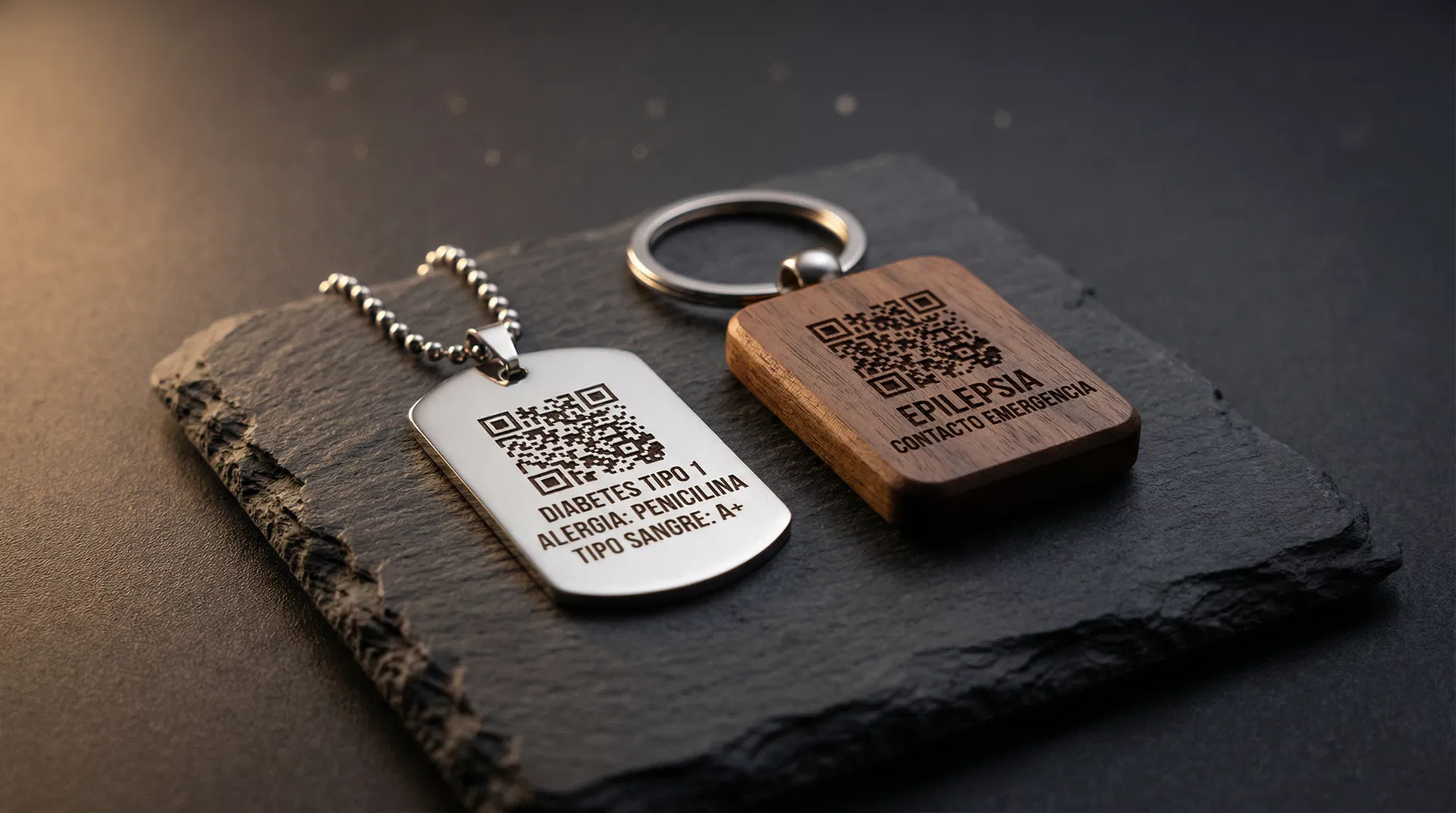 Placas médicas personales Swiss Dog Design — Colgante de acero inoxidable y llavero de madera con QR grabado