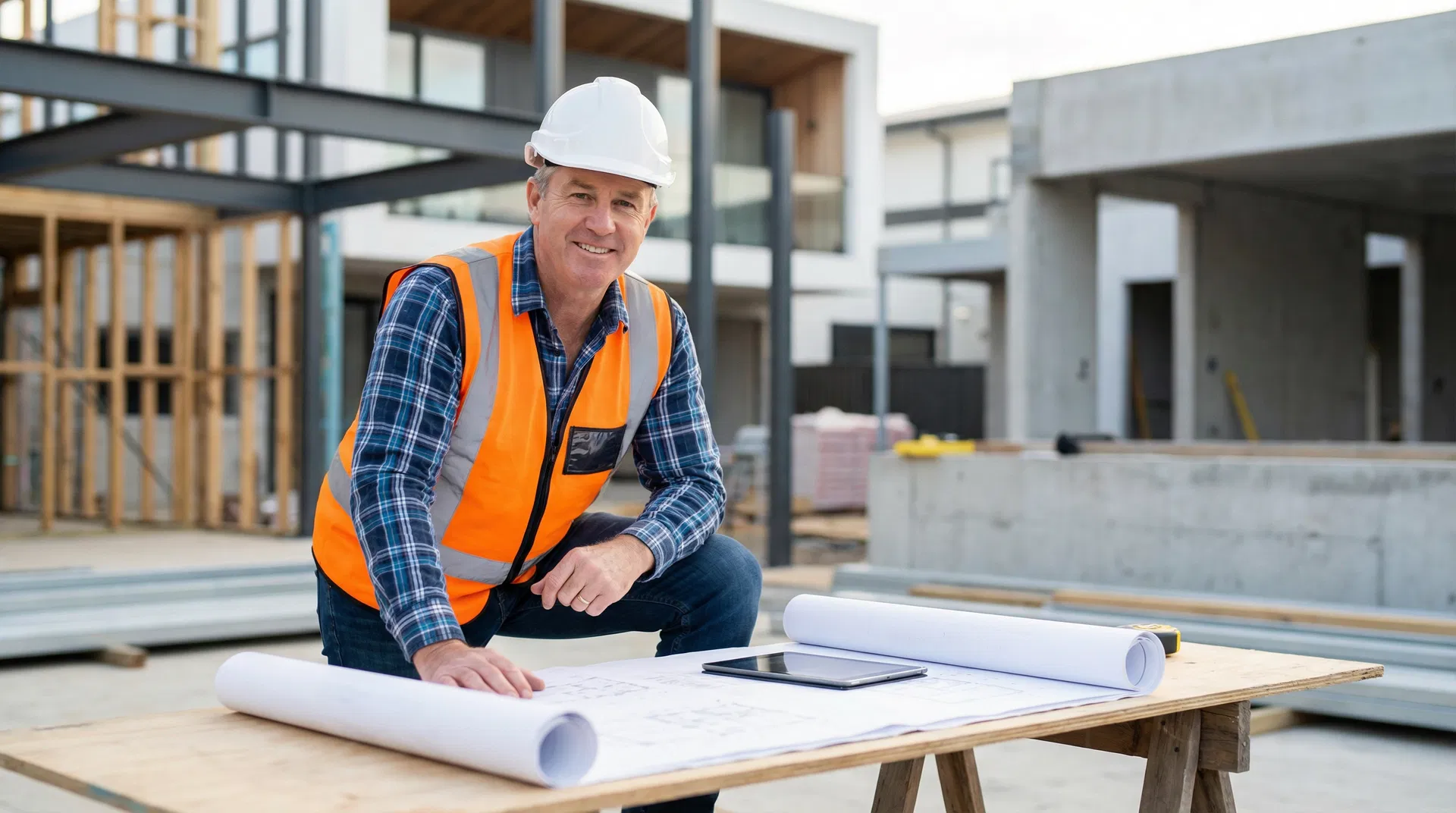 Contractor reviewing blueprints at job site