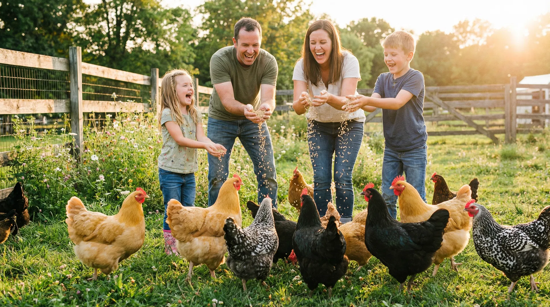 Family feeding heritage chickens