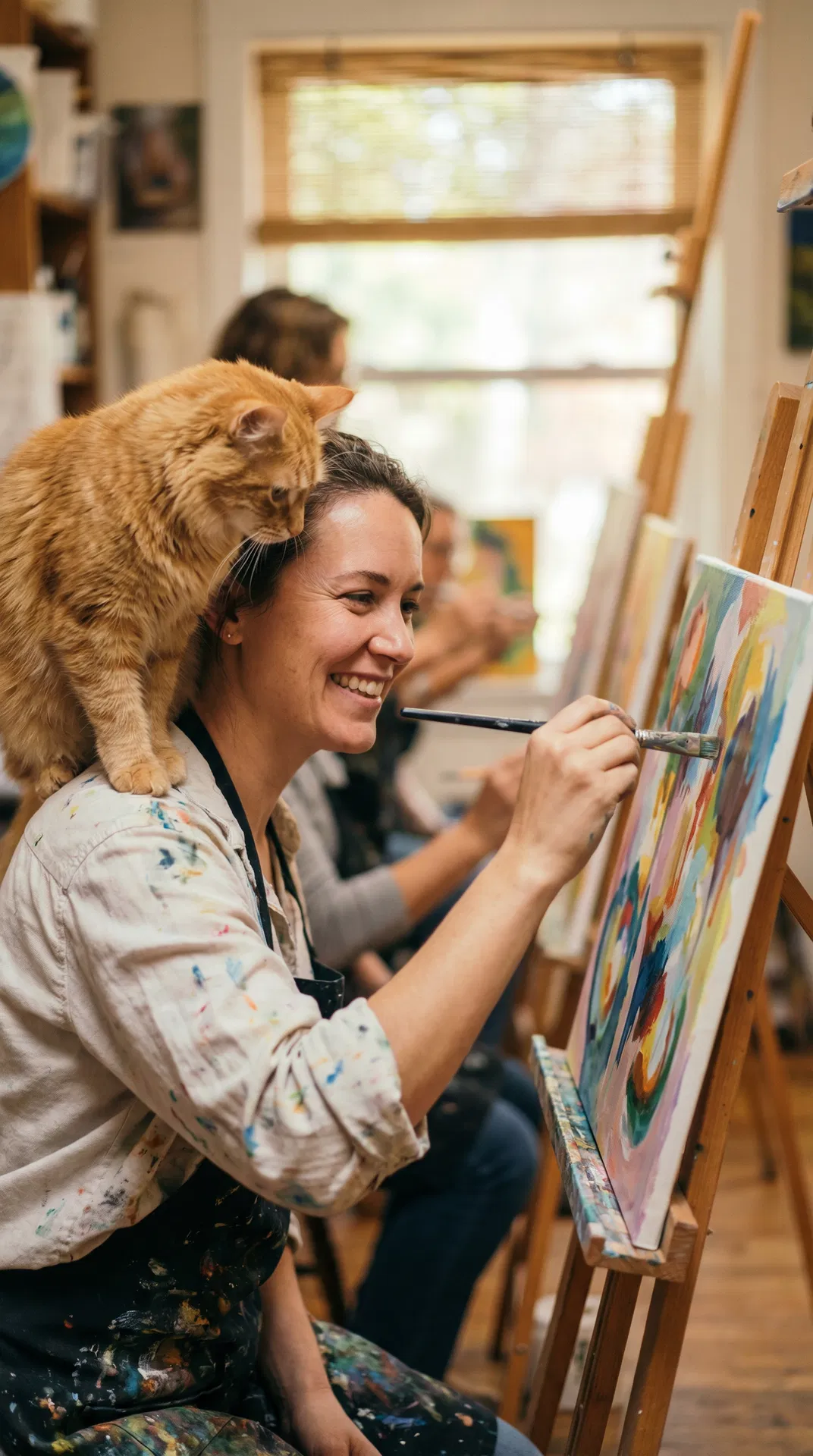 Woman painting with cat on shoulder