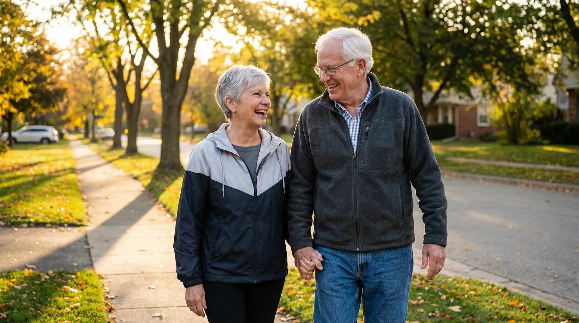 Senior couple walking comfortably together outdoors
