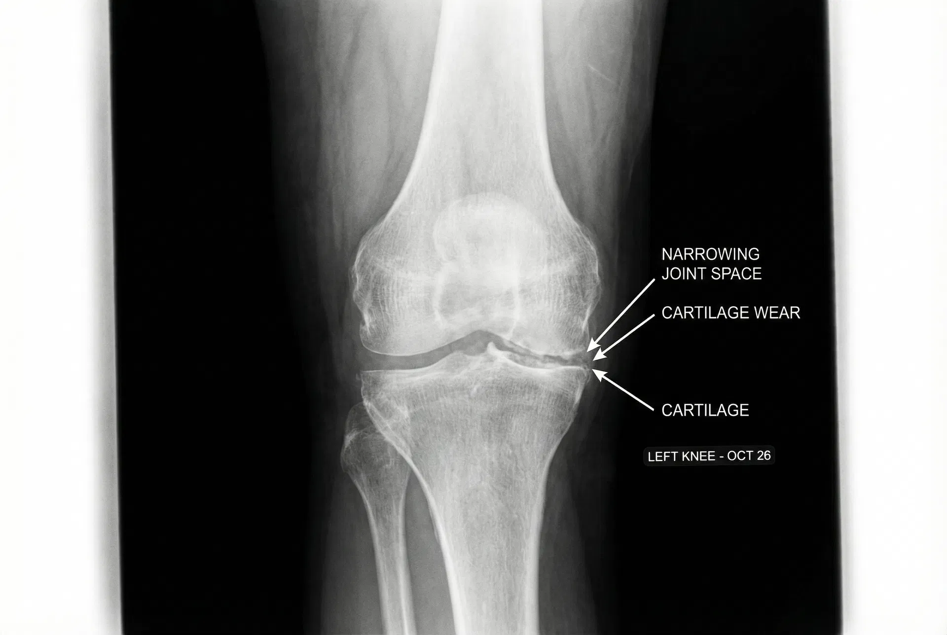 X-ray of knee joint showing cartilage wear and narrowing joint space