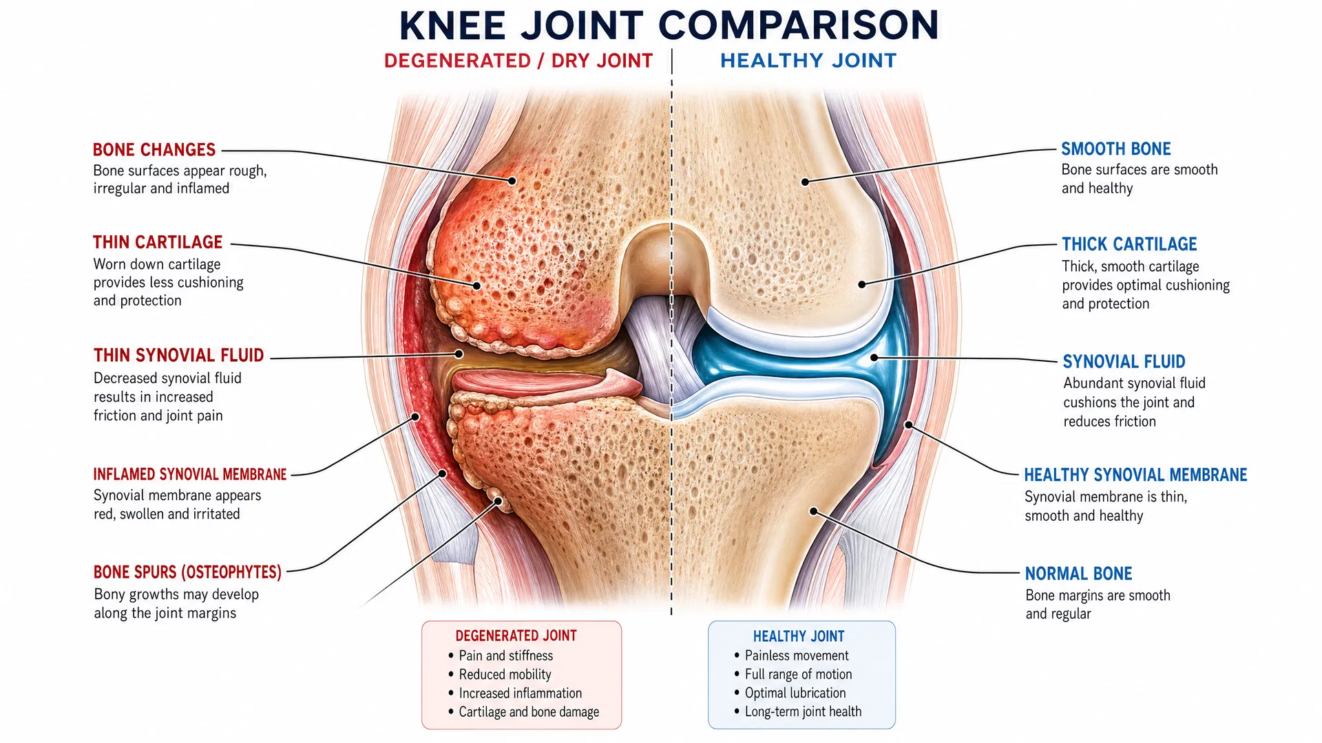 Knee joint comparison showing dehydrated vs healthy joint