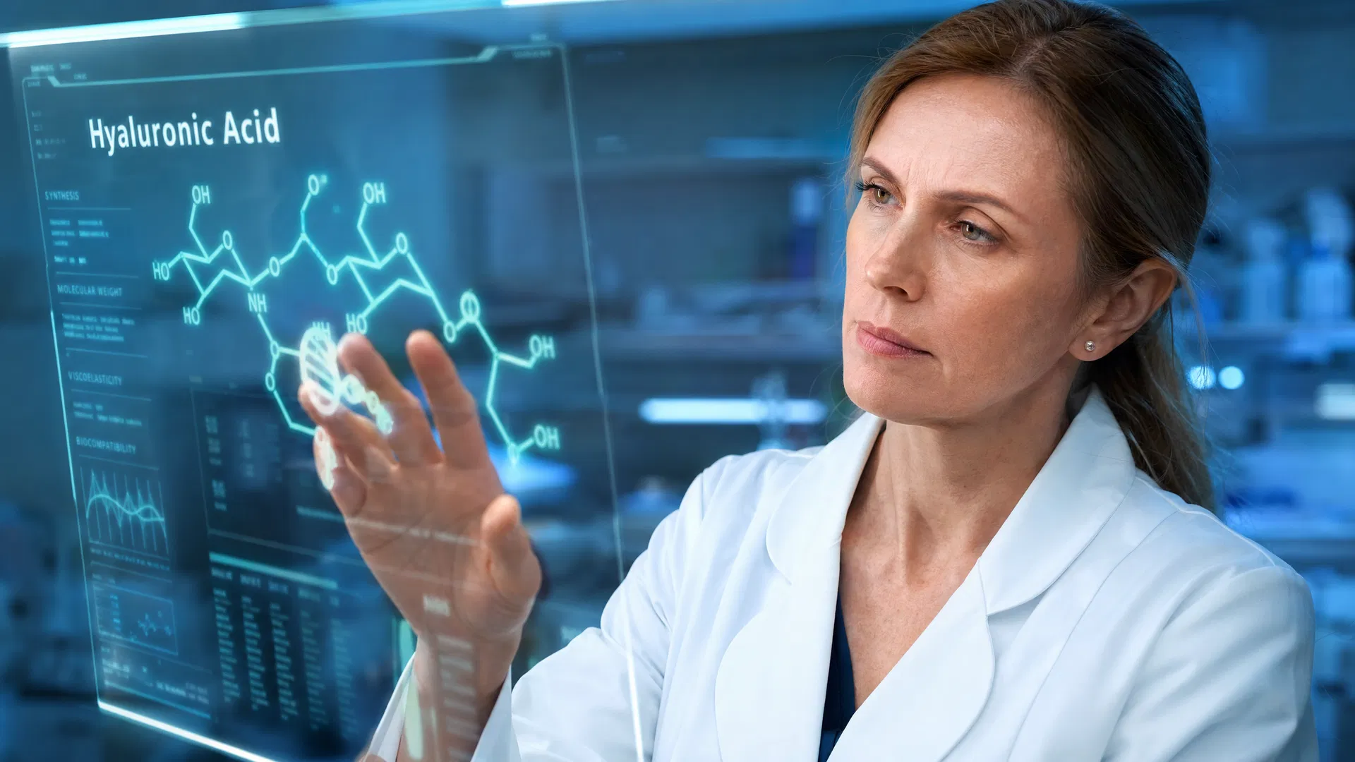 Researcher examining hyaluronic acid molecular structure