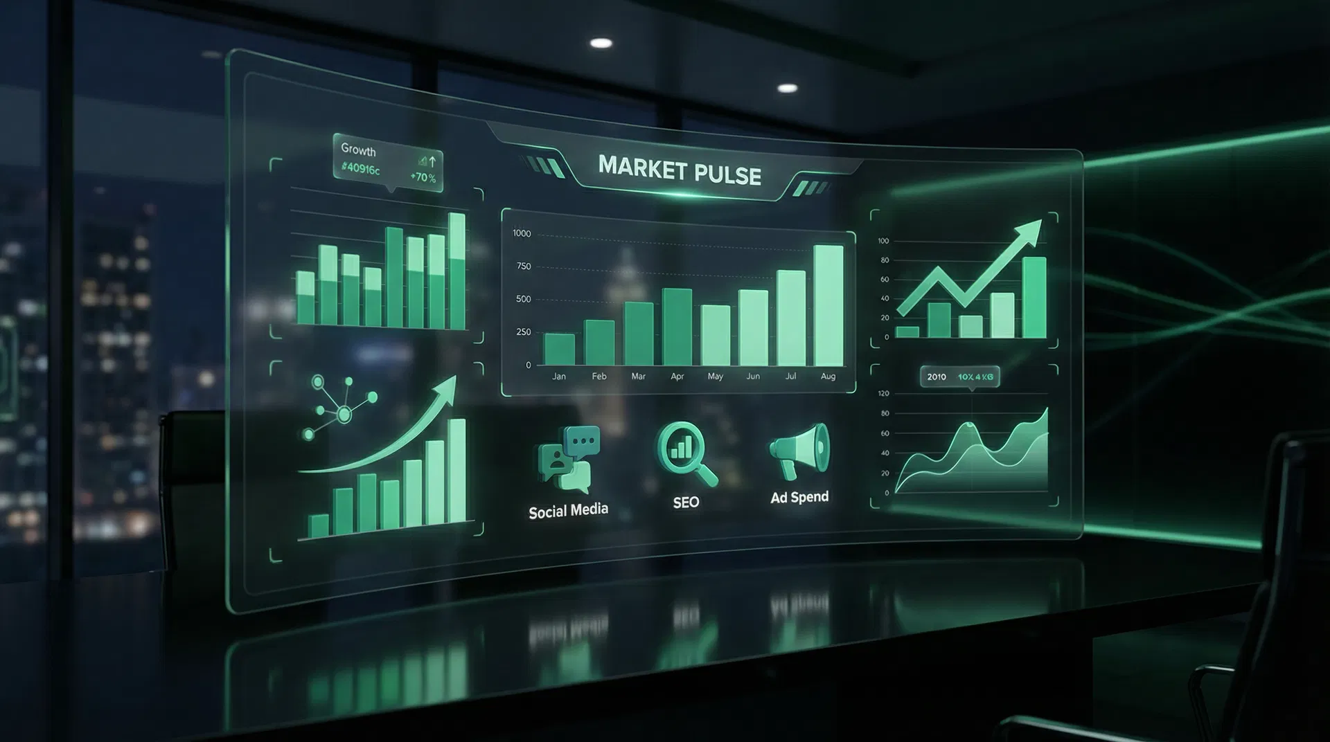 Marketing digital dashboard con gráficos de crecimiento y analíticas