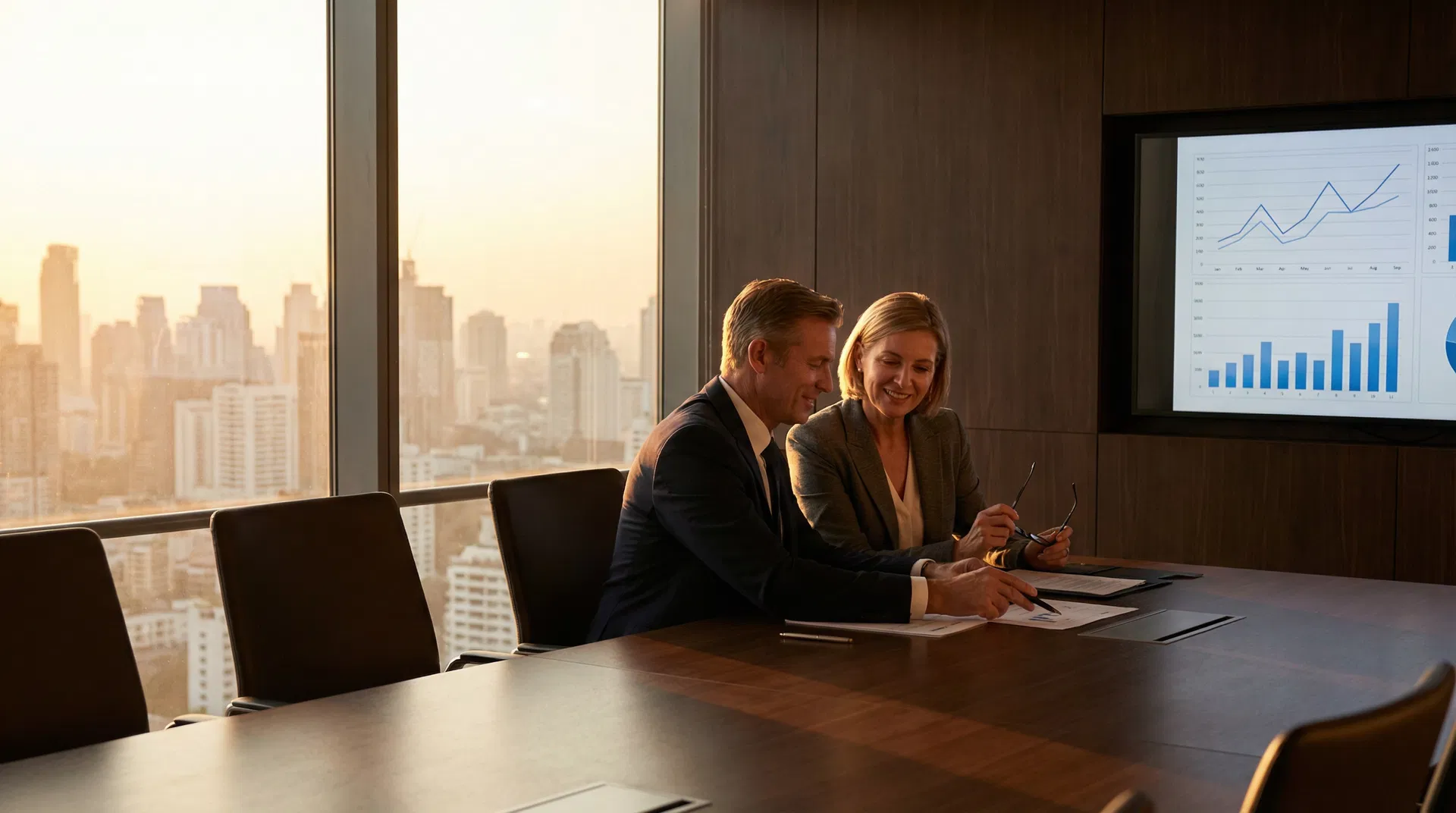 Senior PE professionals reviewing fund analysis