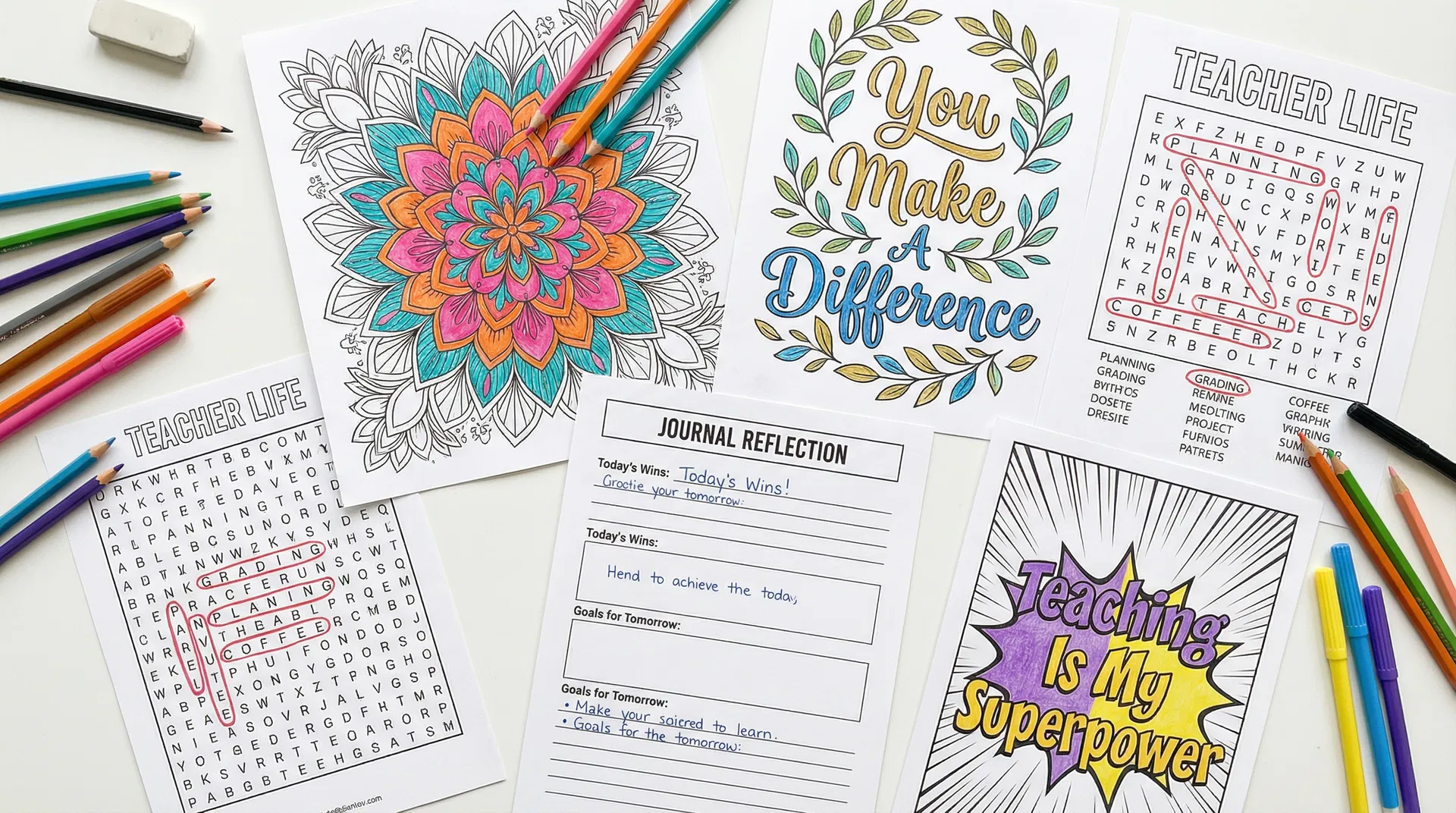 Inside the GMTA Coloring Book - sample pages showing affirmations, word searches, and journal pages