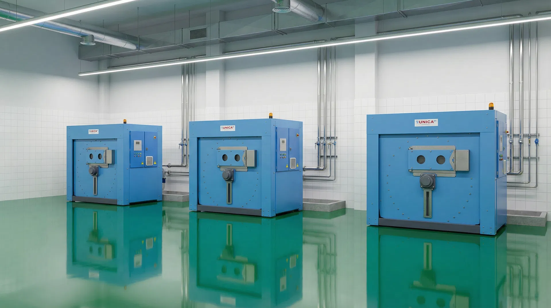 Three UNICA 200/3 washer-extractors on emerald green epoxy floor