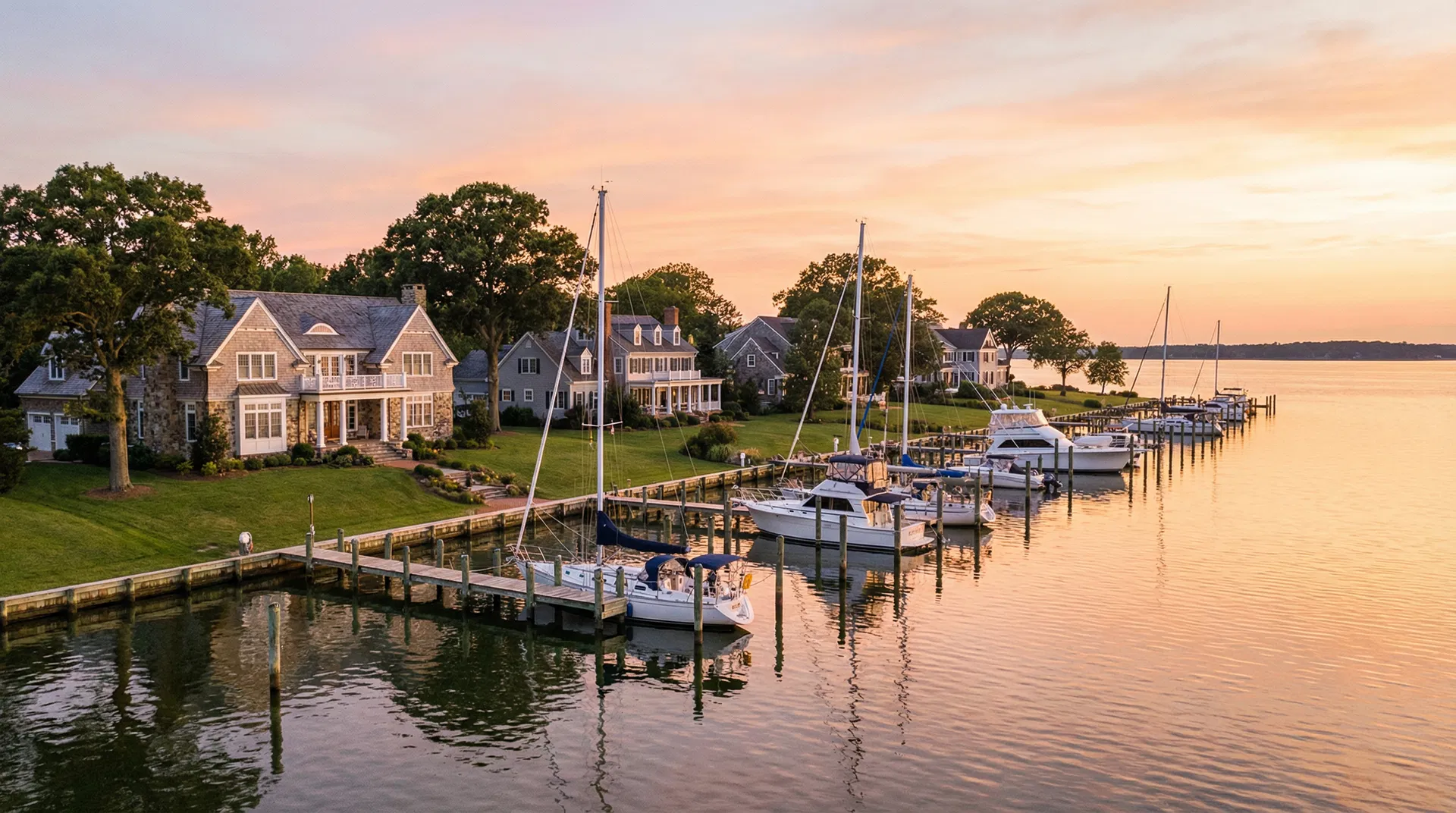 Chesapeake Bay waterfront homes at golden hour