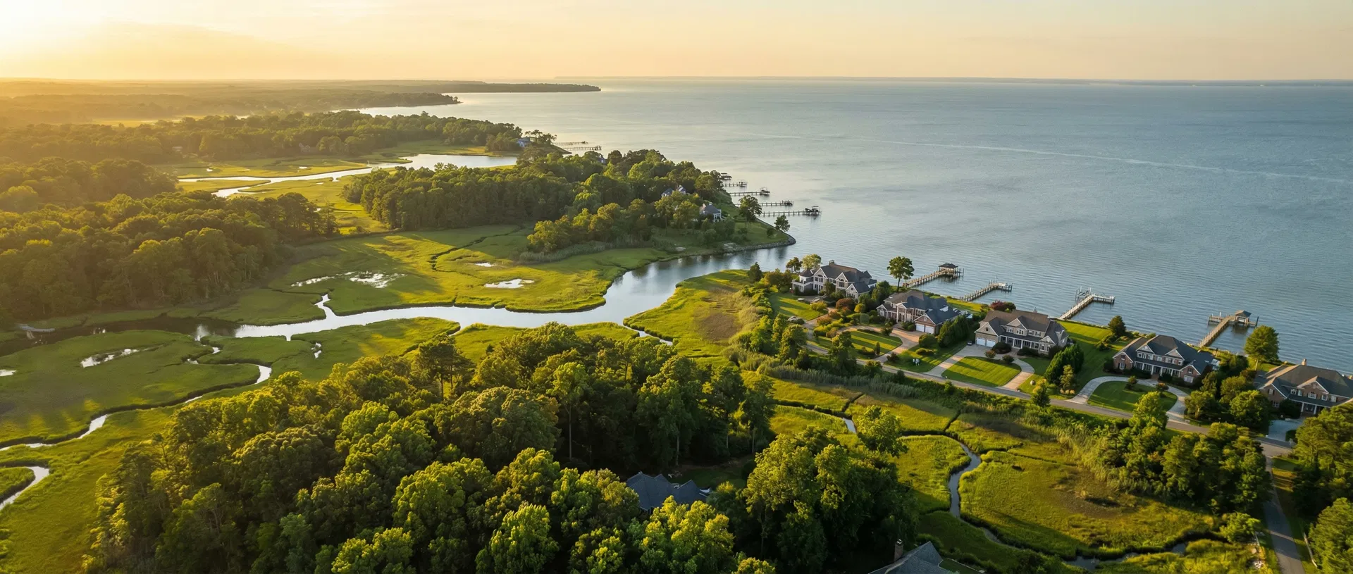 Aerial view of Virginia's Northern Neck at golden hour
