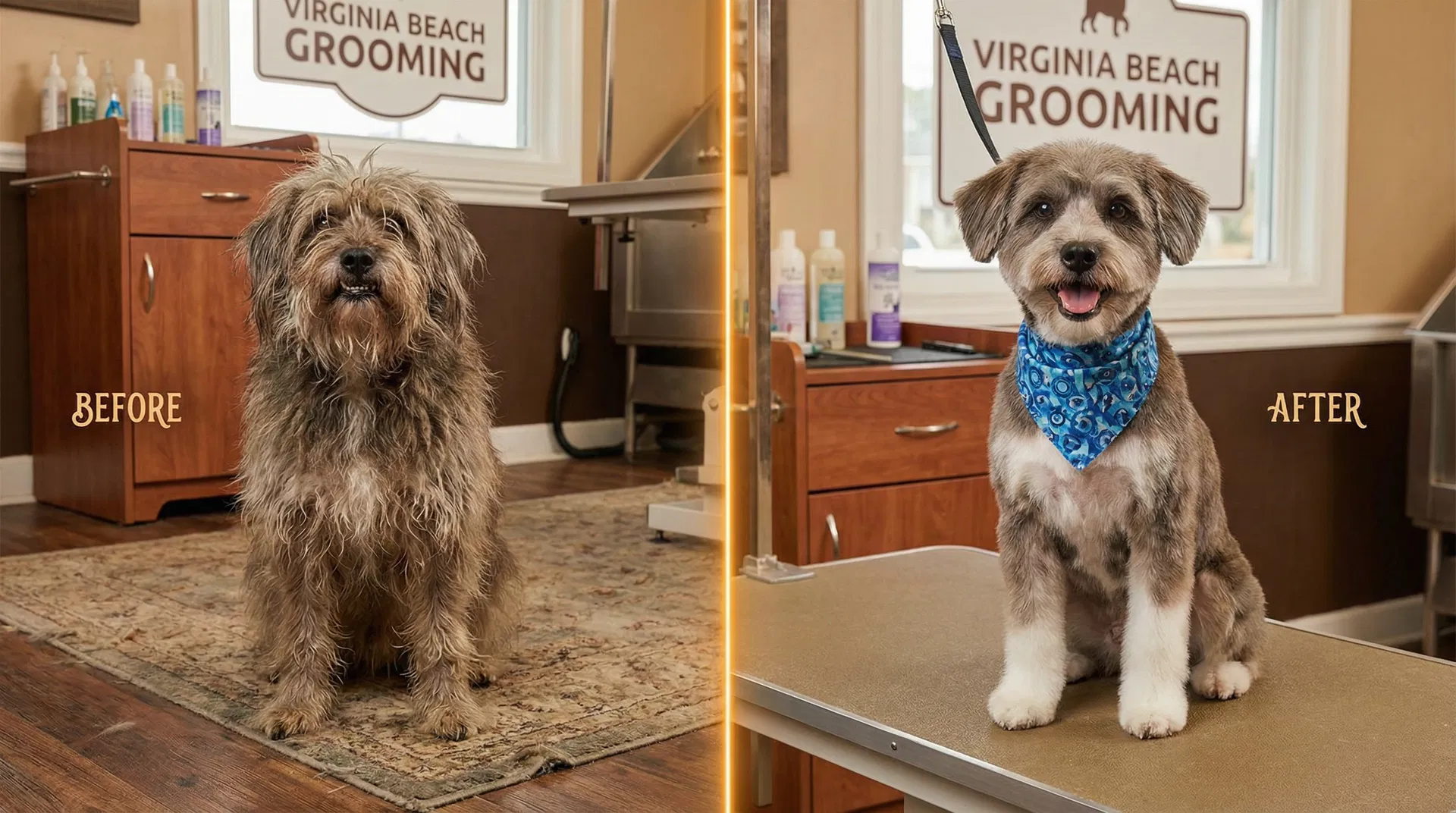 Dog grooming before and after transformation at Wally's