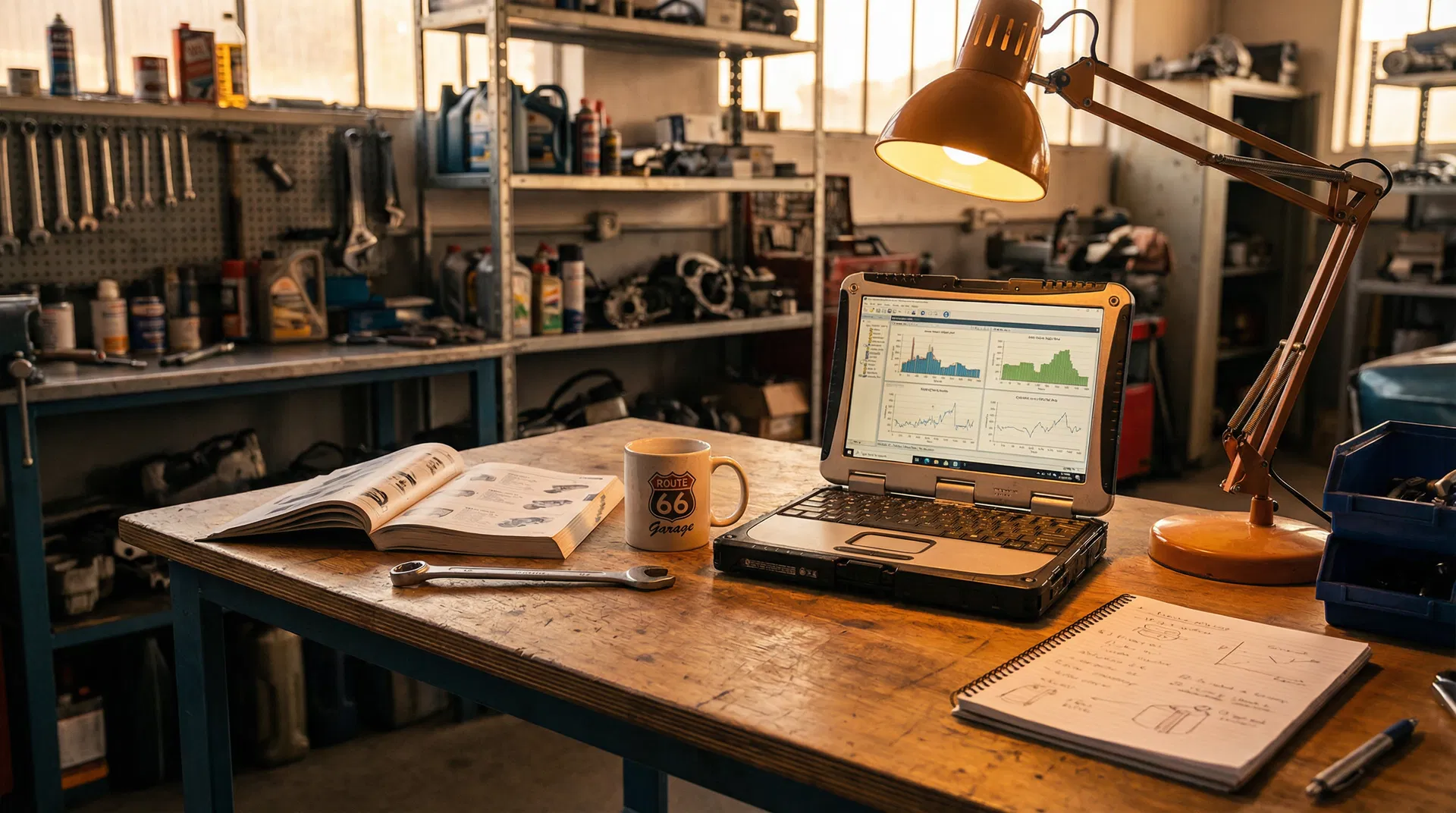 Workshop desk with laptop and automotive tools