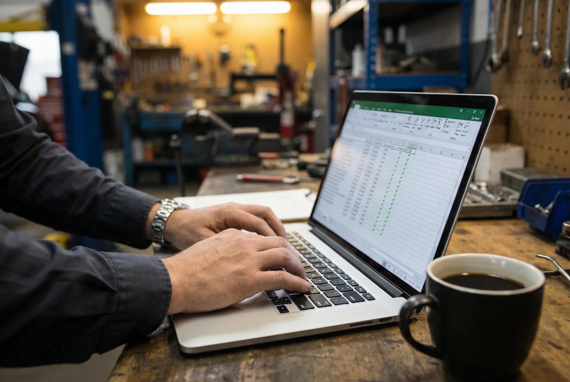 Working on laptop in a workshop