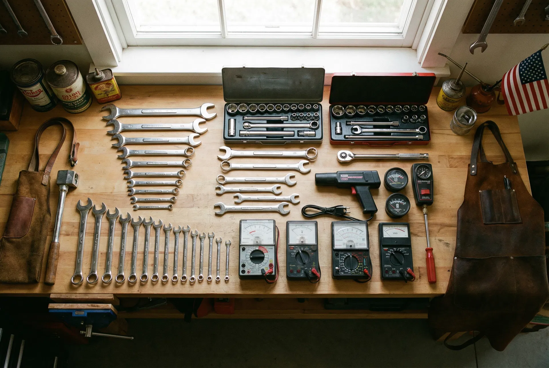 Organized automotive tools on a workbench