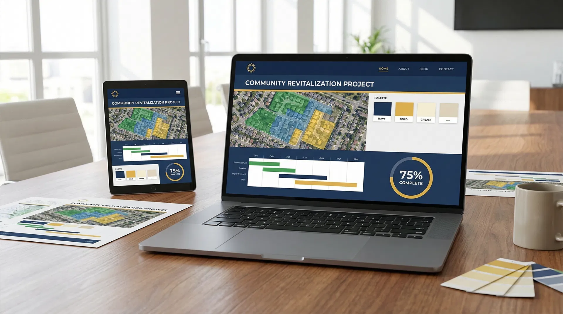 Custom community project webpage displayed on laptop and tablet