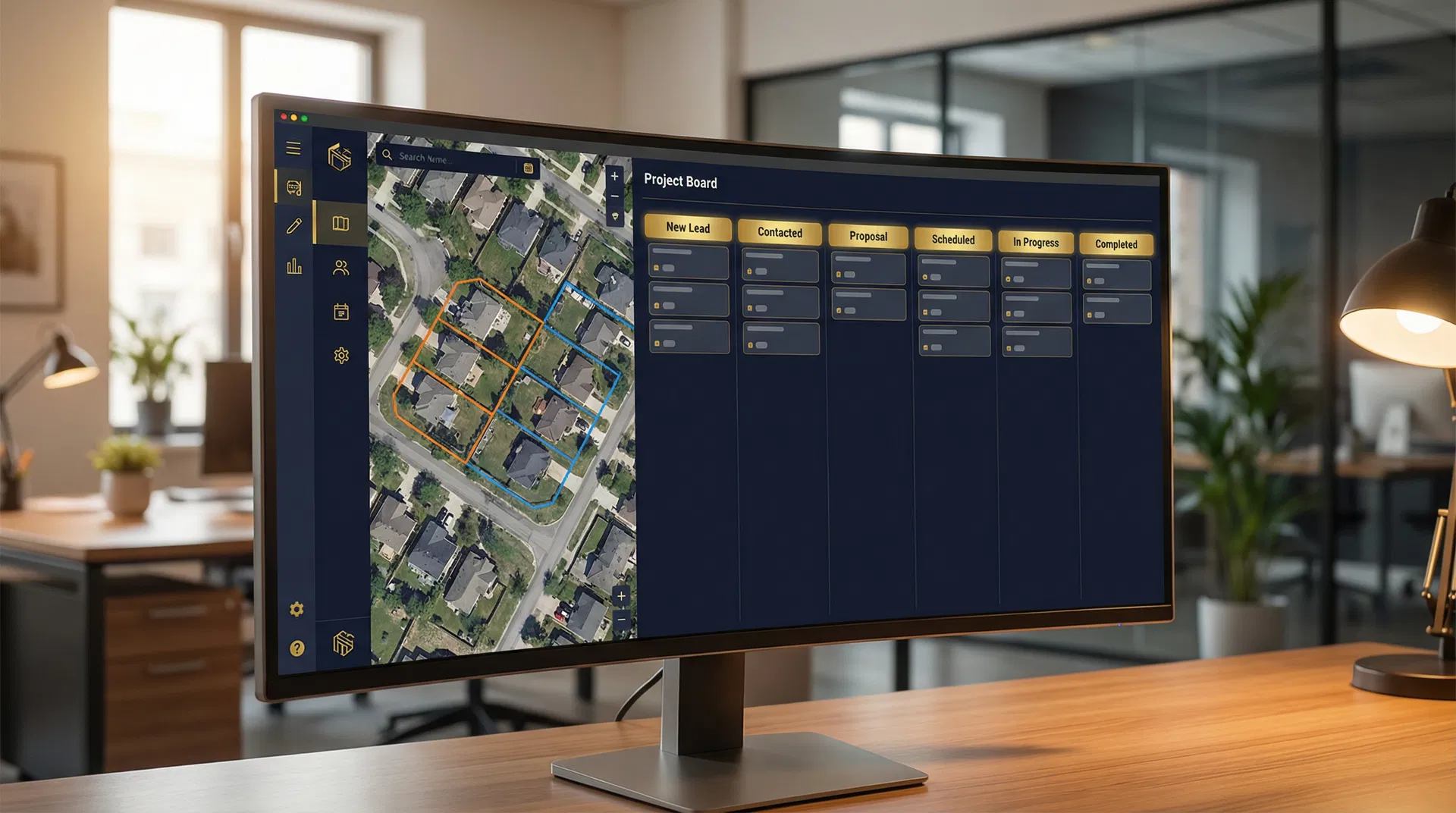 Tom Sawyer proprietary project management dashboard with fence mapping and Kanban board