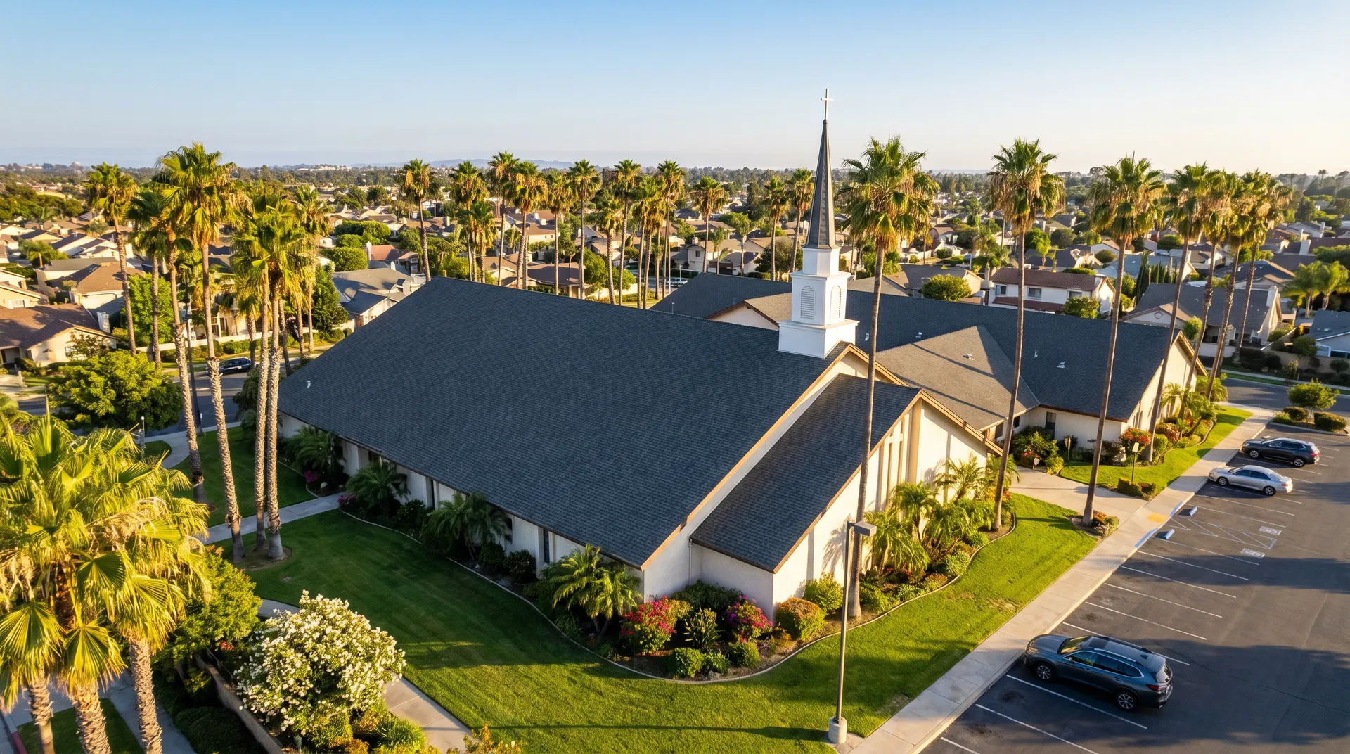California church with asphalt shingle roof