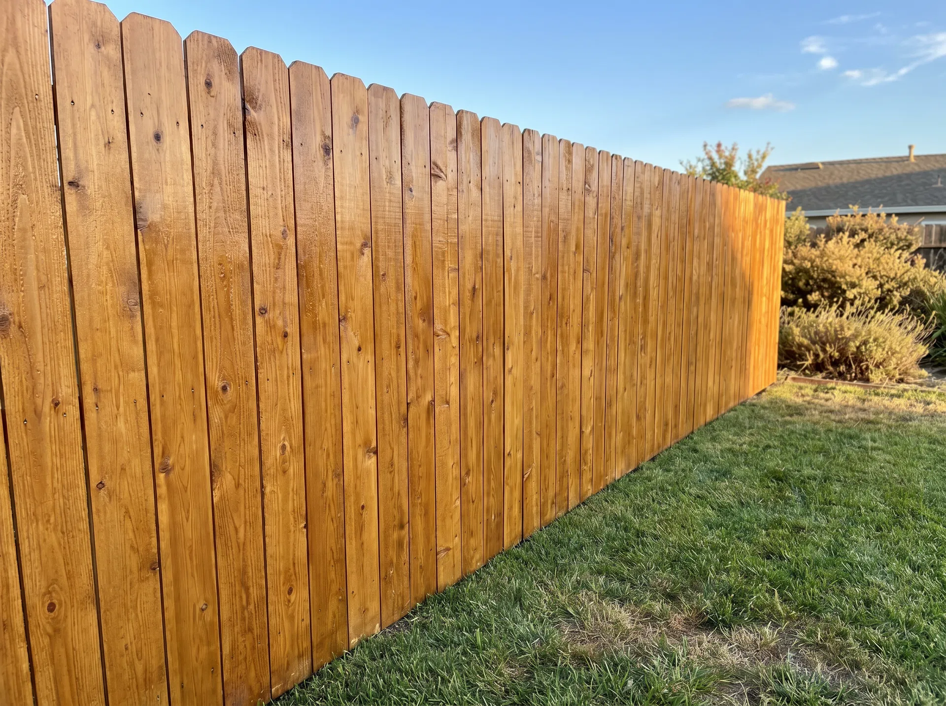 The same fence after oil-based stain — warm, rich, protected