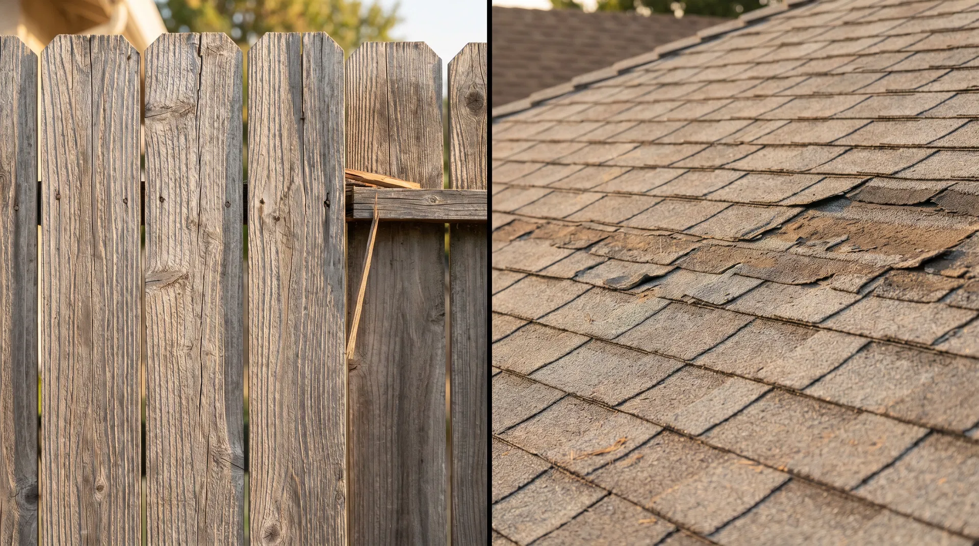 Split comparison — aged fence on left, aging shingles on right