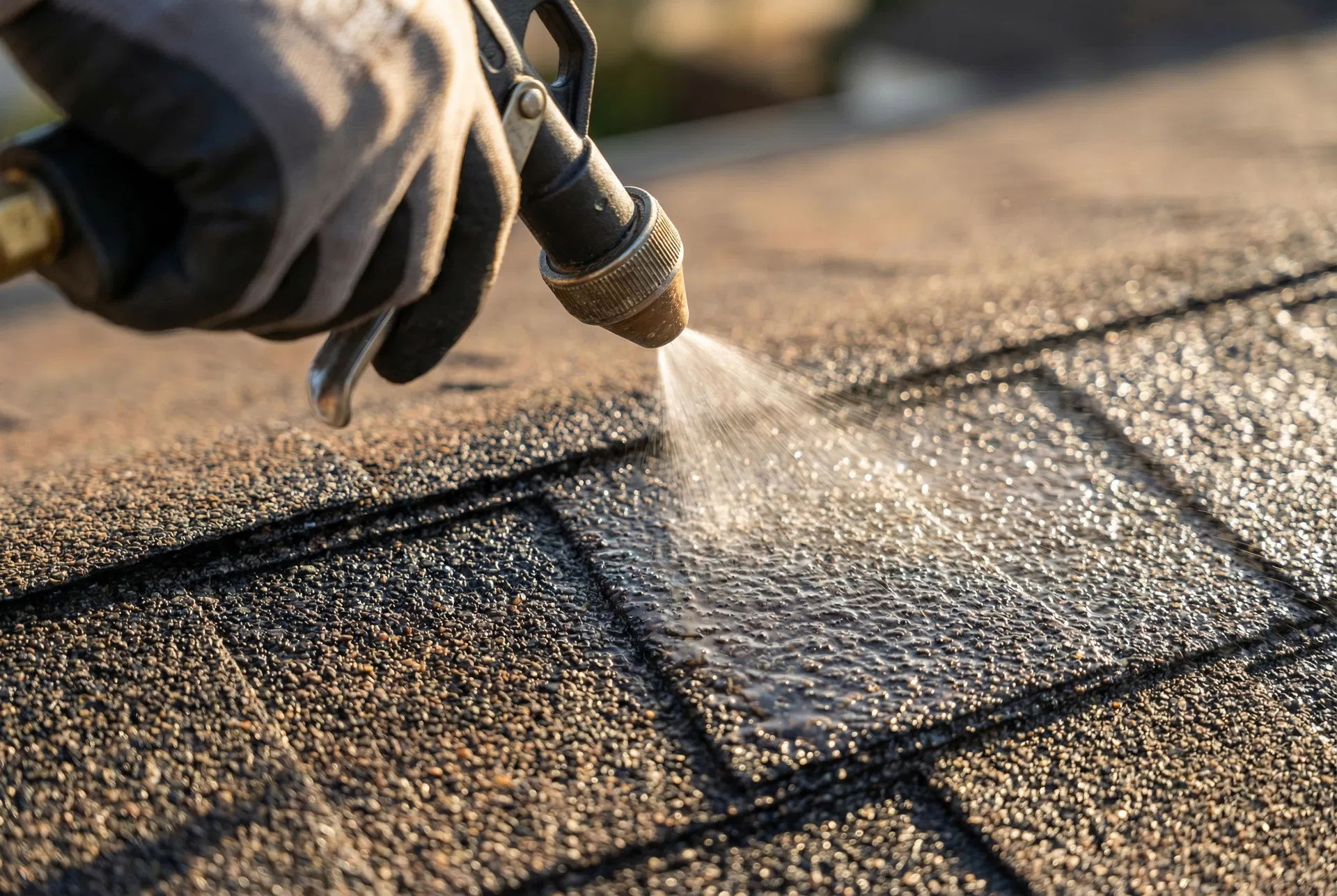 GoNano nanotechnology treatment being applied to asphalt shingles
