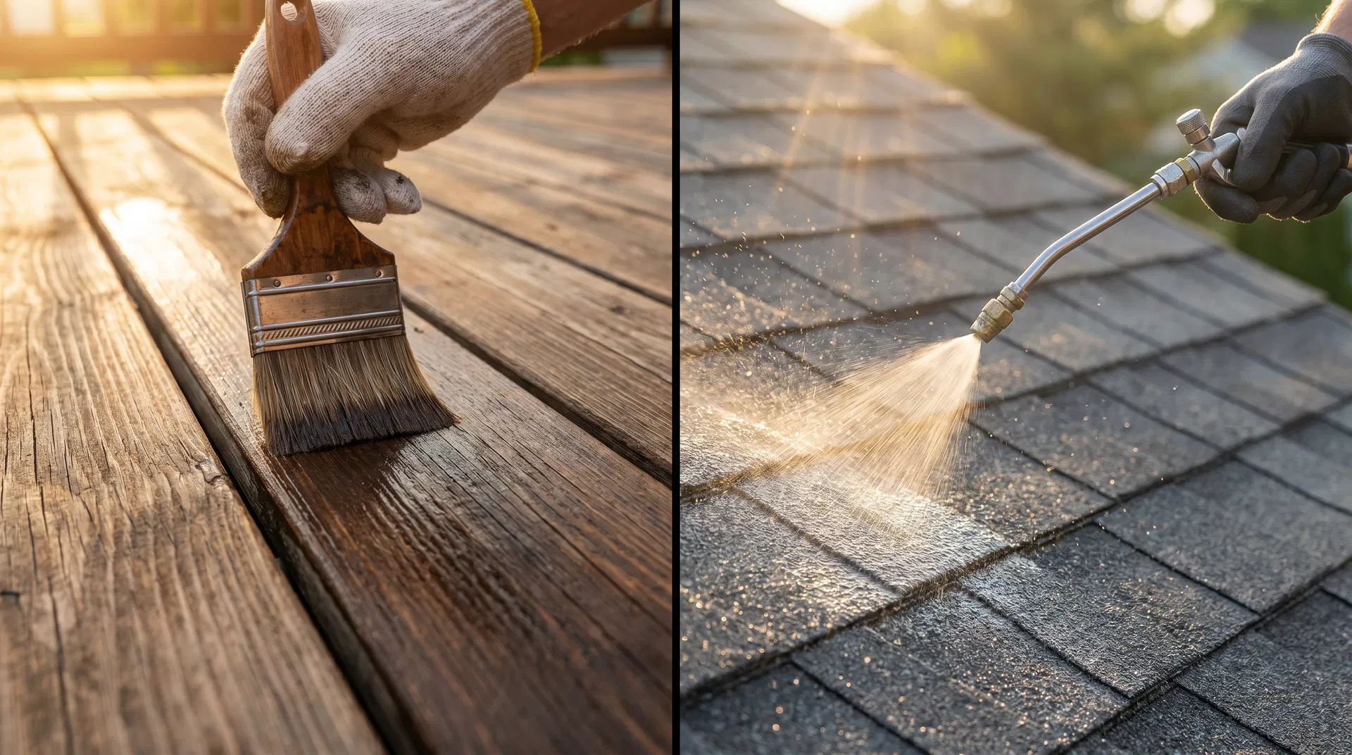 Split image: wood stain penetrating deck boards on left, GoNano spray treating roof shingles with UV protection on right