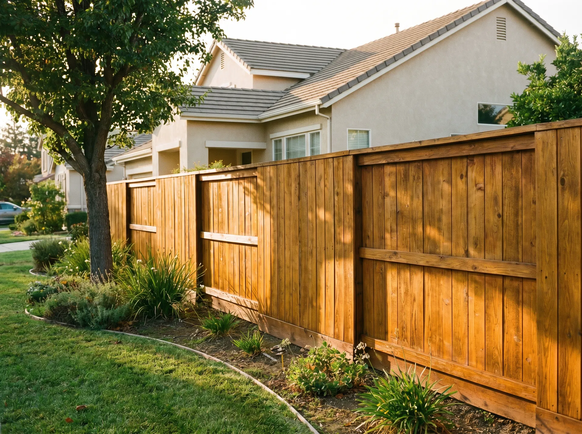 A freshly stained cedar fence — warm honey-brown, healthy, protected