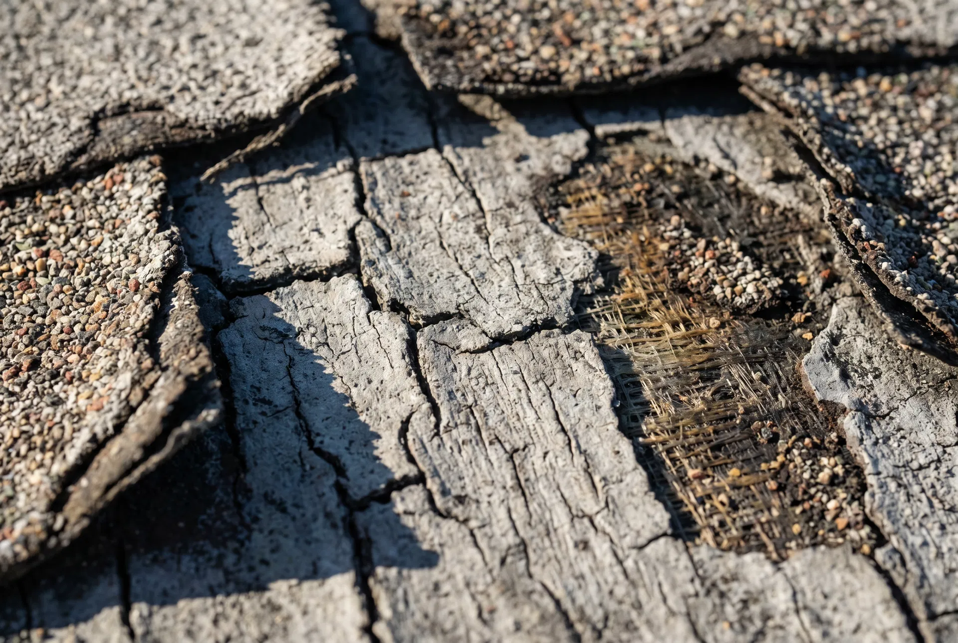 UV-damaged asphalt shingle — brittle, granule loss, cracking