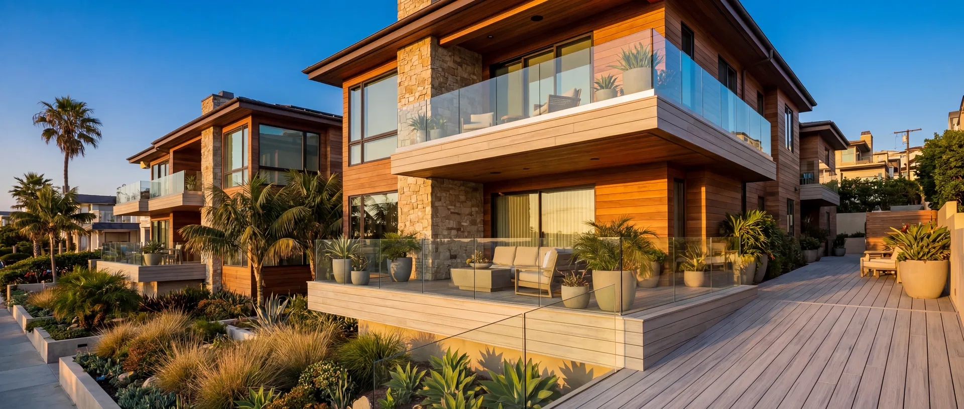 Modern California condominium with well-maintained balconies and landscaping