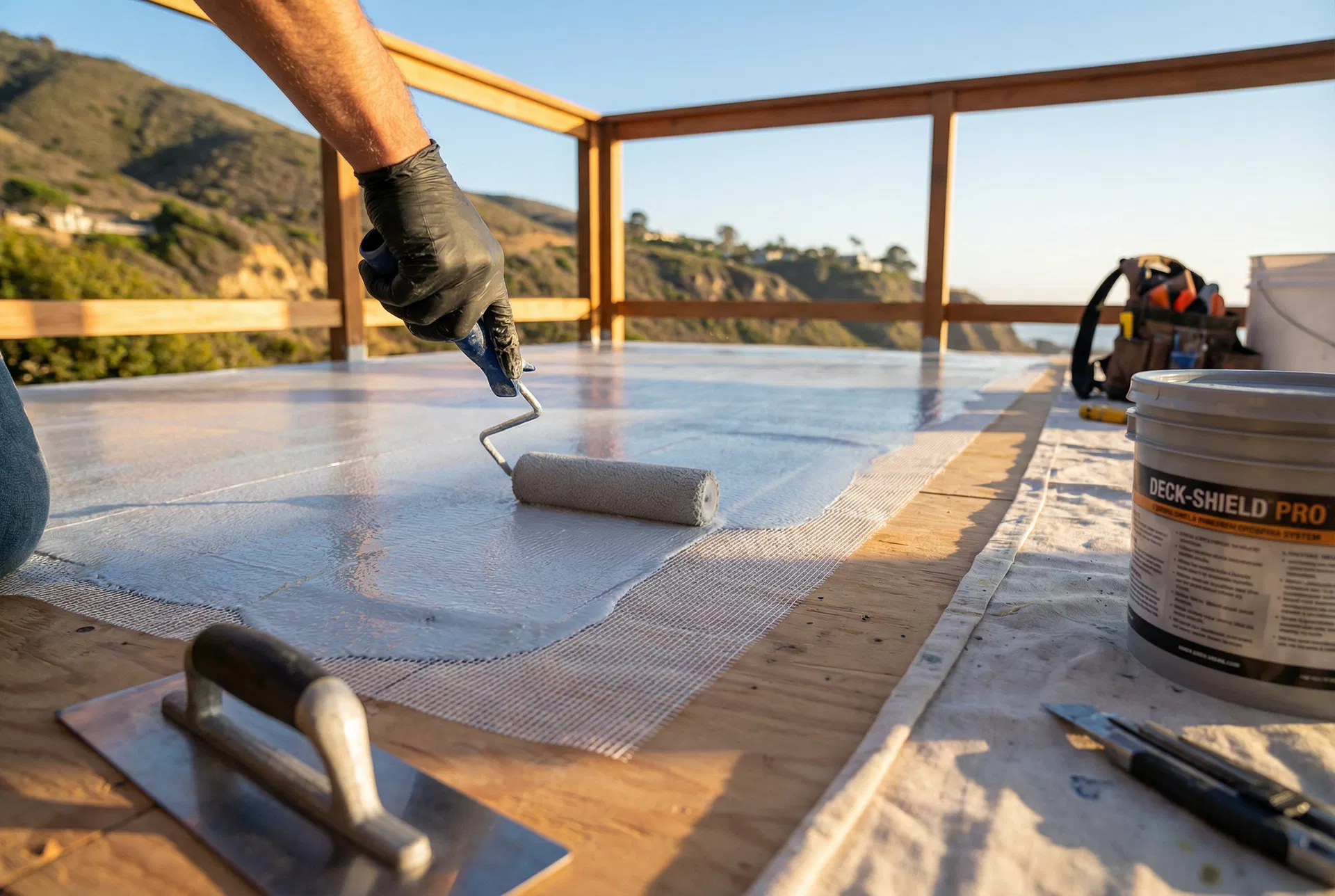 Professional waterproofing coating application on a deck