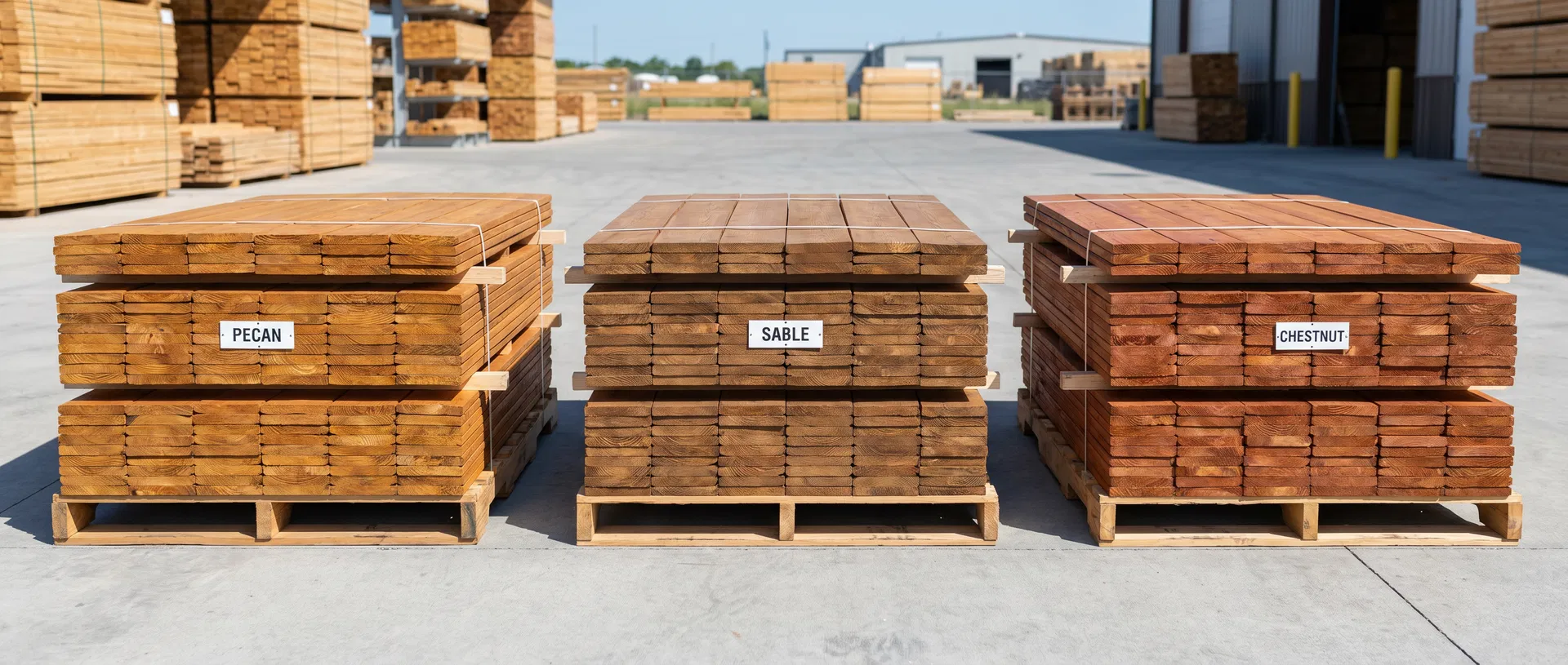 Pallets of pre-stained kiln-dried Japanese cedar fence boards in Pecan, Sable, and Chestnut colors ready for delivery