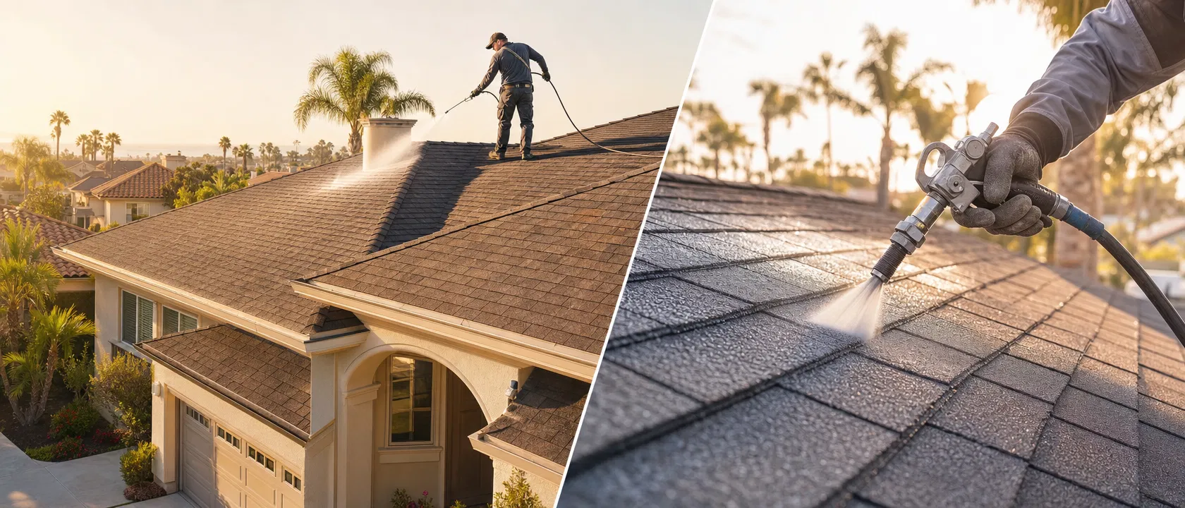 Professional roof treatment being applied to San Diego home