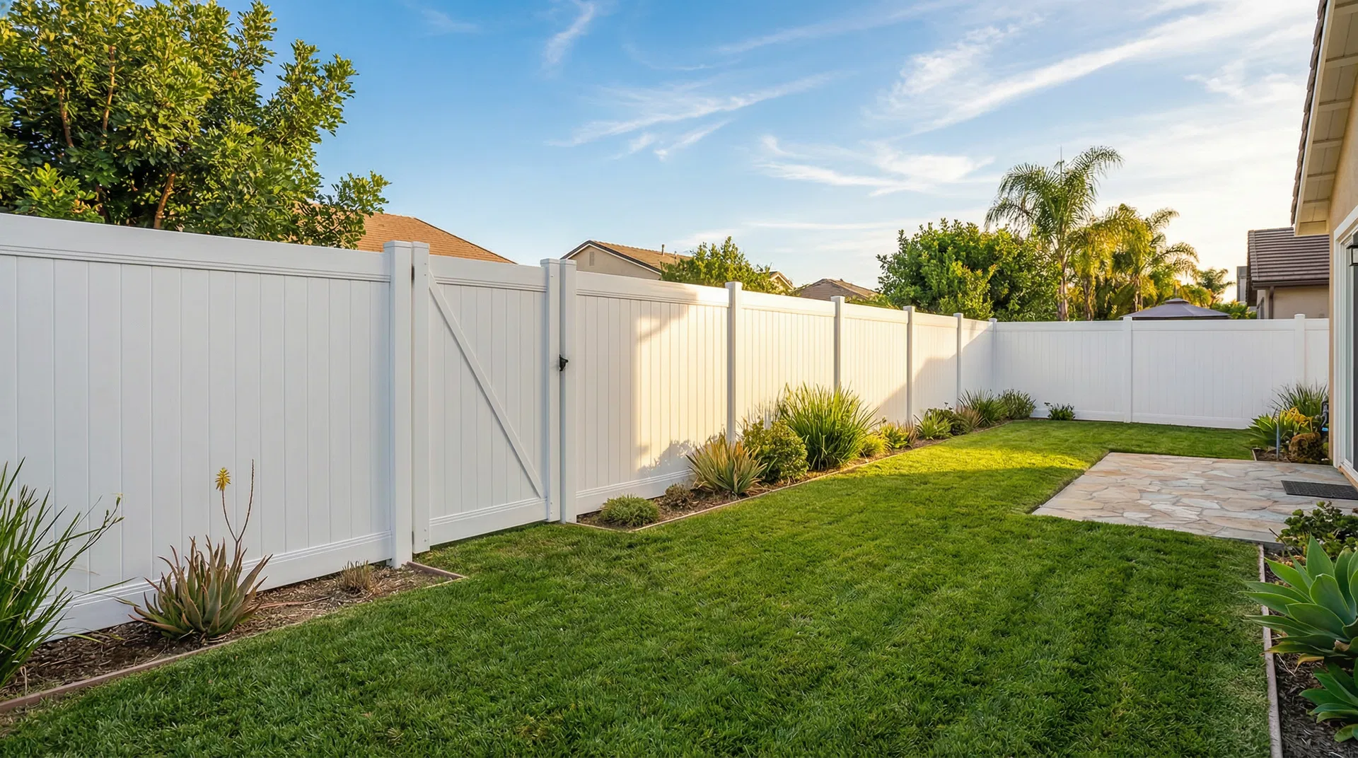 Freshly painted white vinyl privacy fence in San Diego backyard