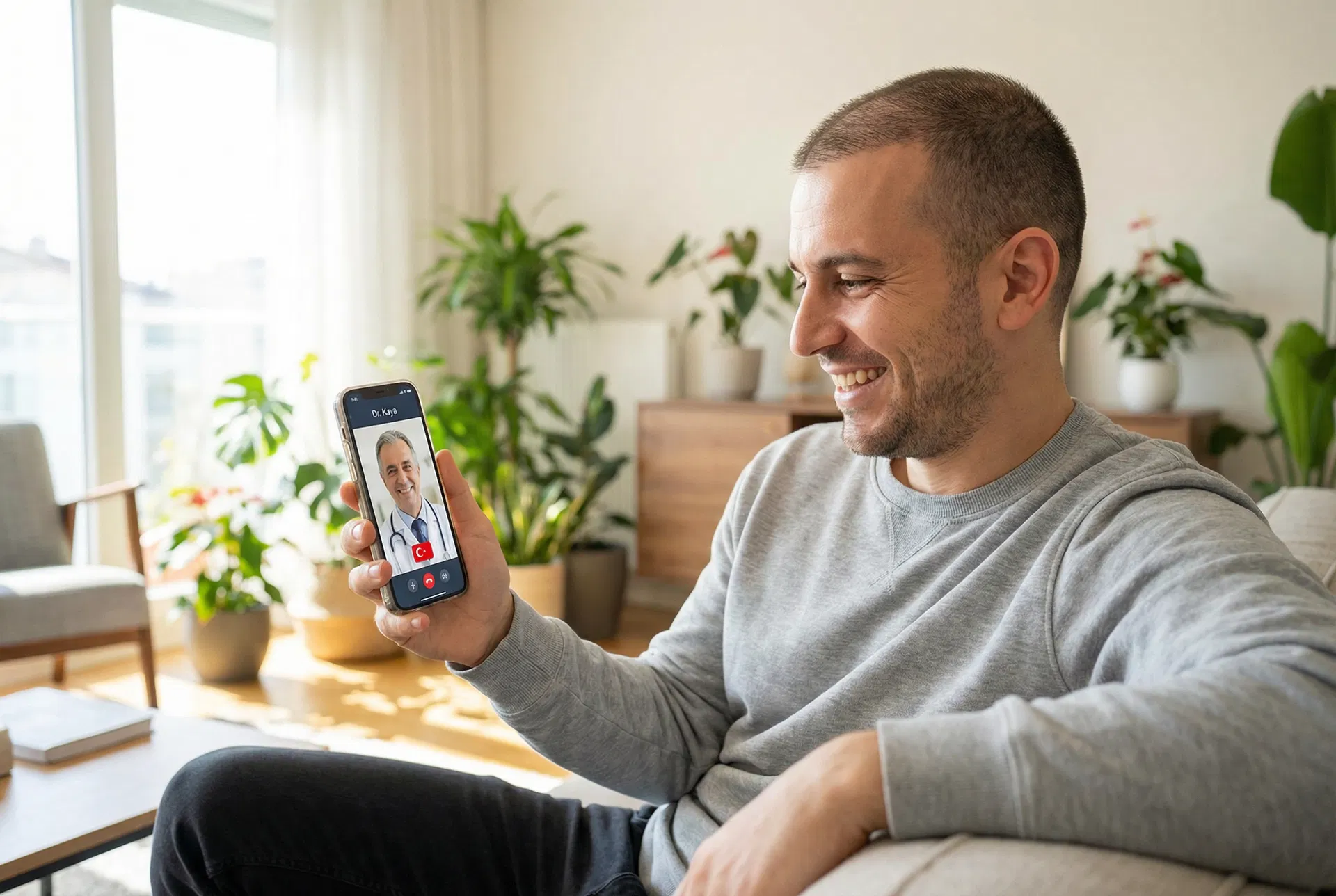 A man two months after his hair transplant showing off his short new hair growth to his Turkish doctor via video call