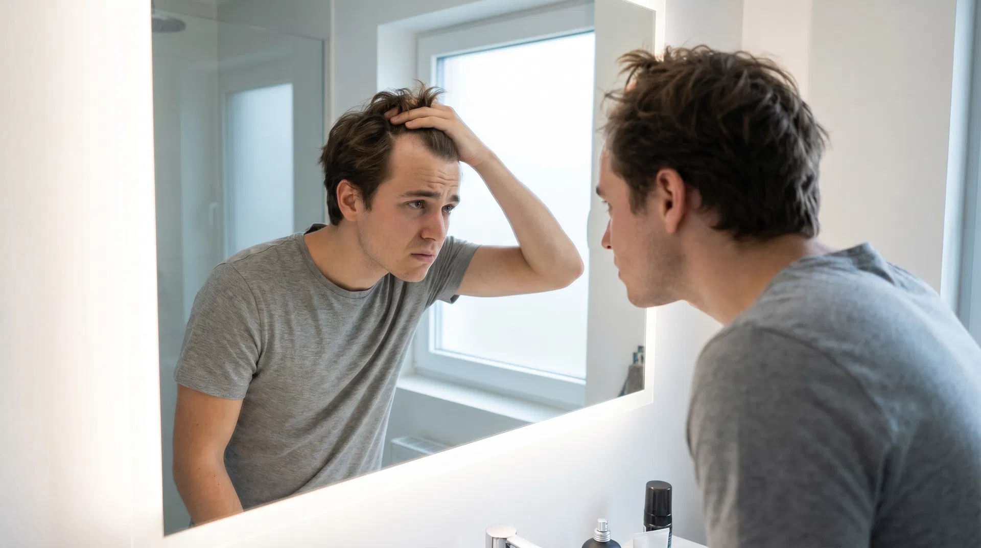 Young man in his 20s examining receding hairline in bathroom mirror