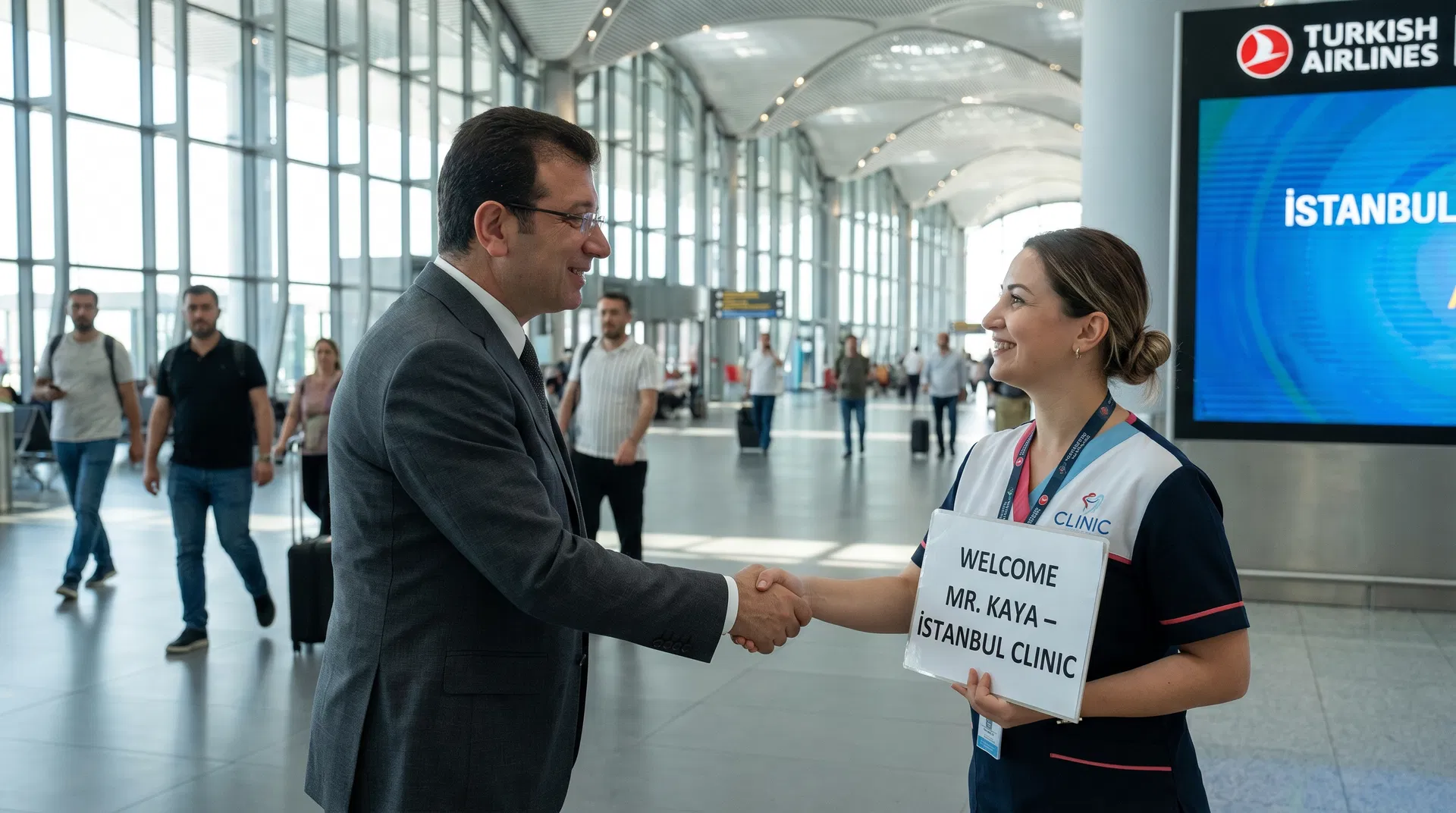 Clinic representative greeting patient at Istanbul Airport arrivals