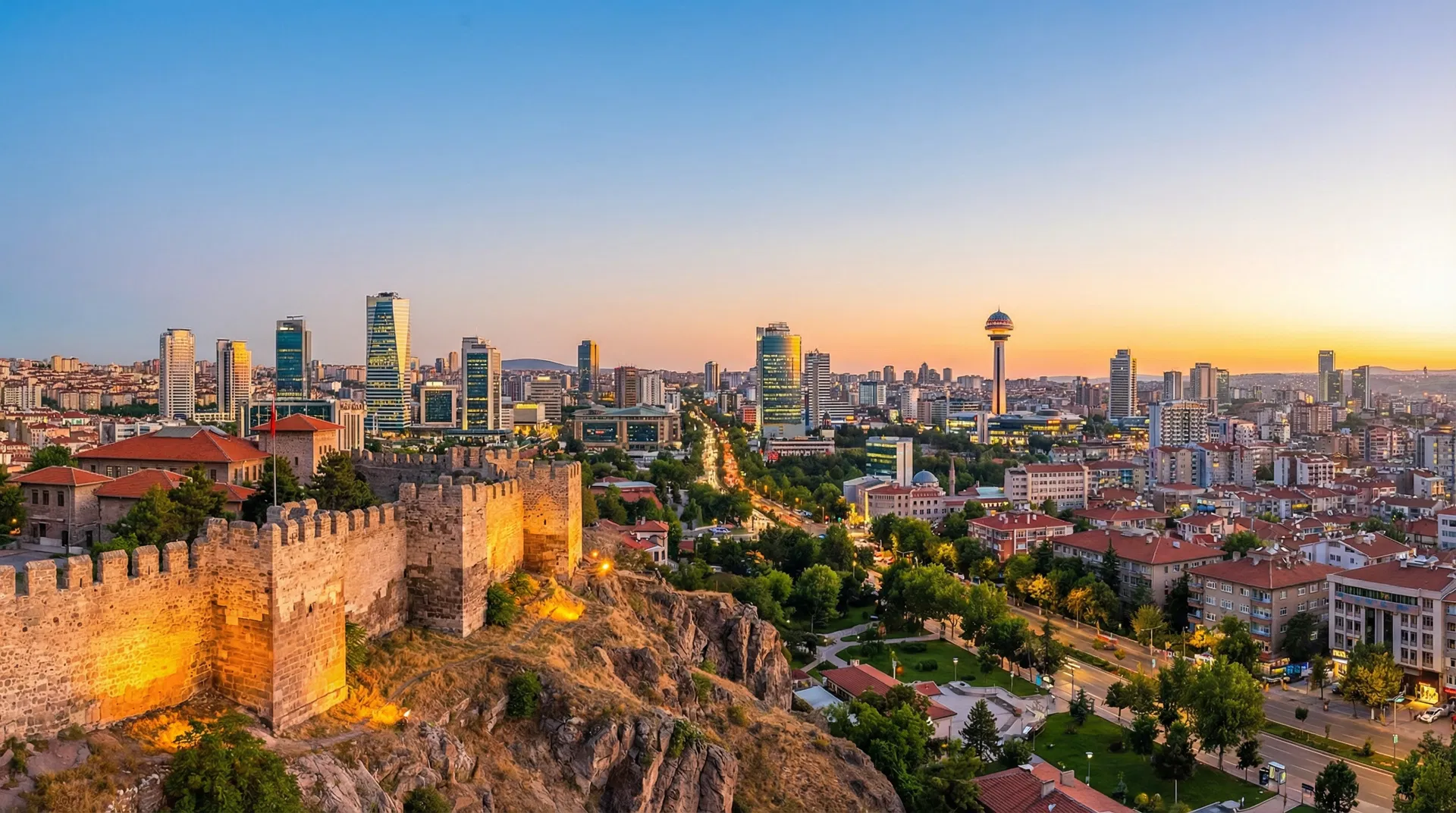 Panoramic view of Ankara, Turkey's capital city with modern skyline and historic landmarks