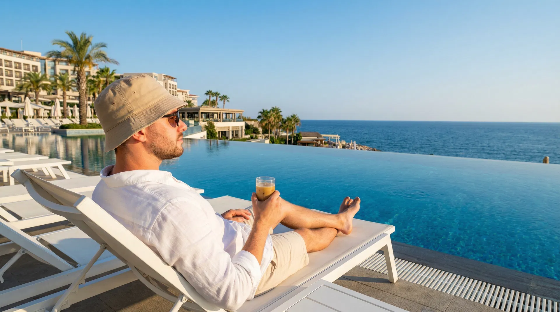 Man wearing a bucket hat over a shaved head relaxing by a luxury resort infinity pool in Antalya after a hair transplant