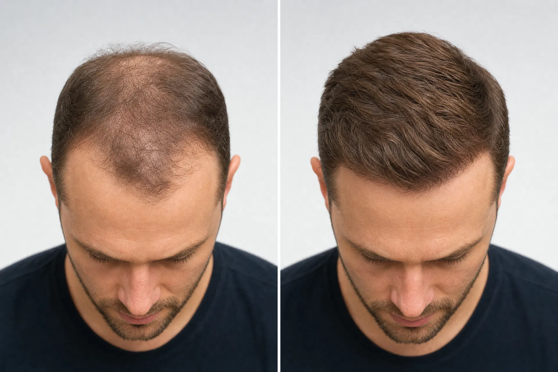 Hair transplant before and after comparison showing dramatic improvement in density
