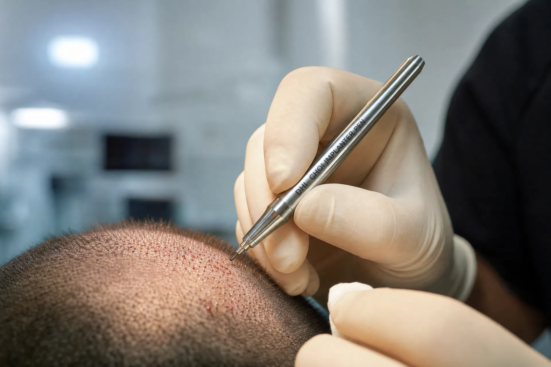 DHI Choi Implanter Pen being used during a hair transplant procedure