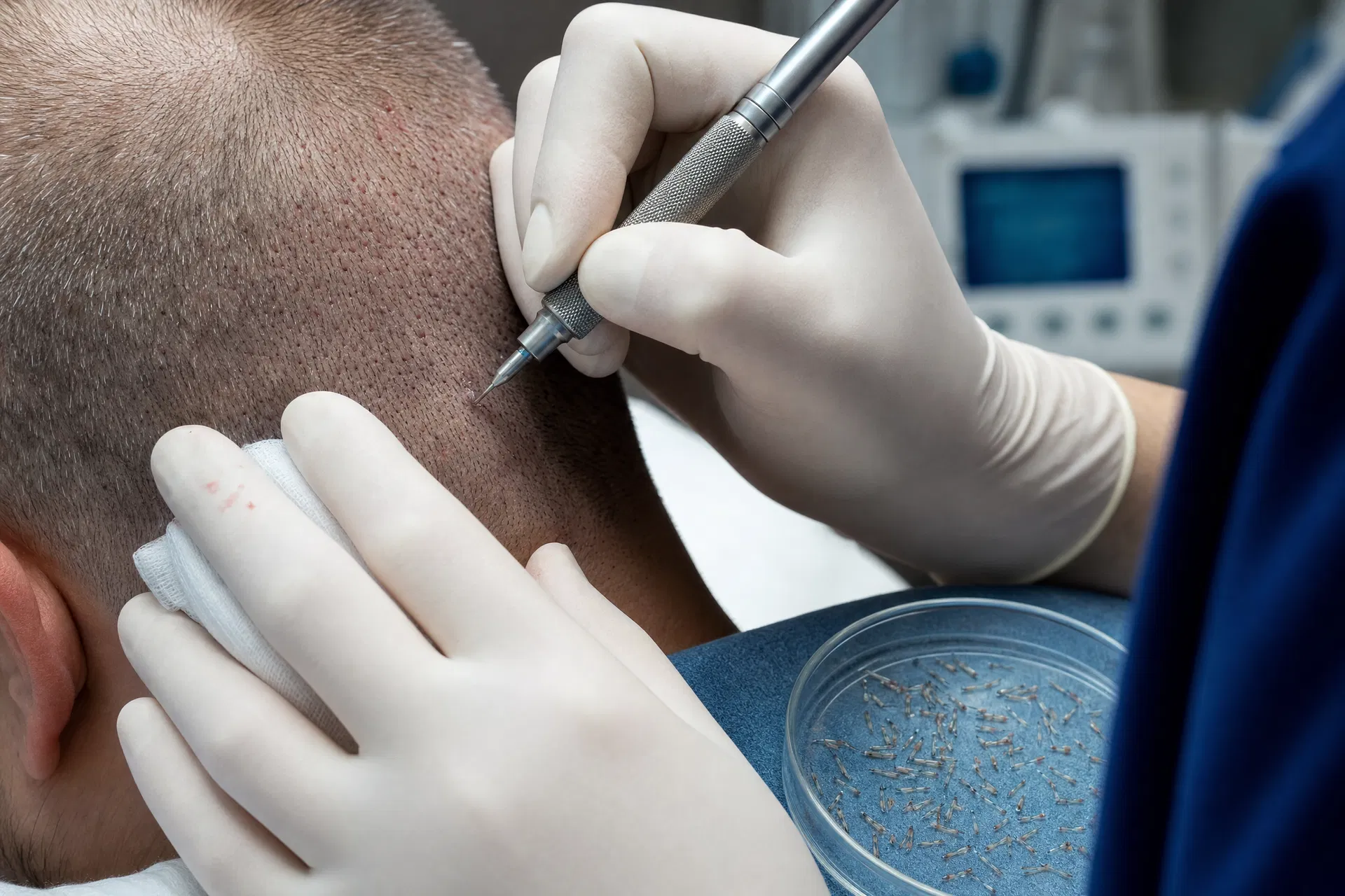 FUE hair transplant extraction procedure showing micro-punch tool and harvested grafts