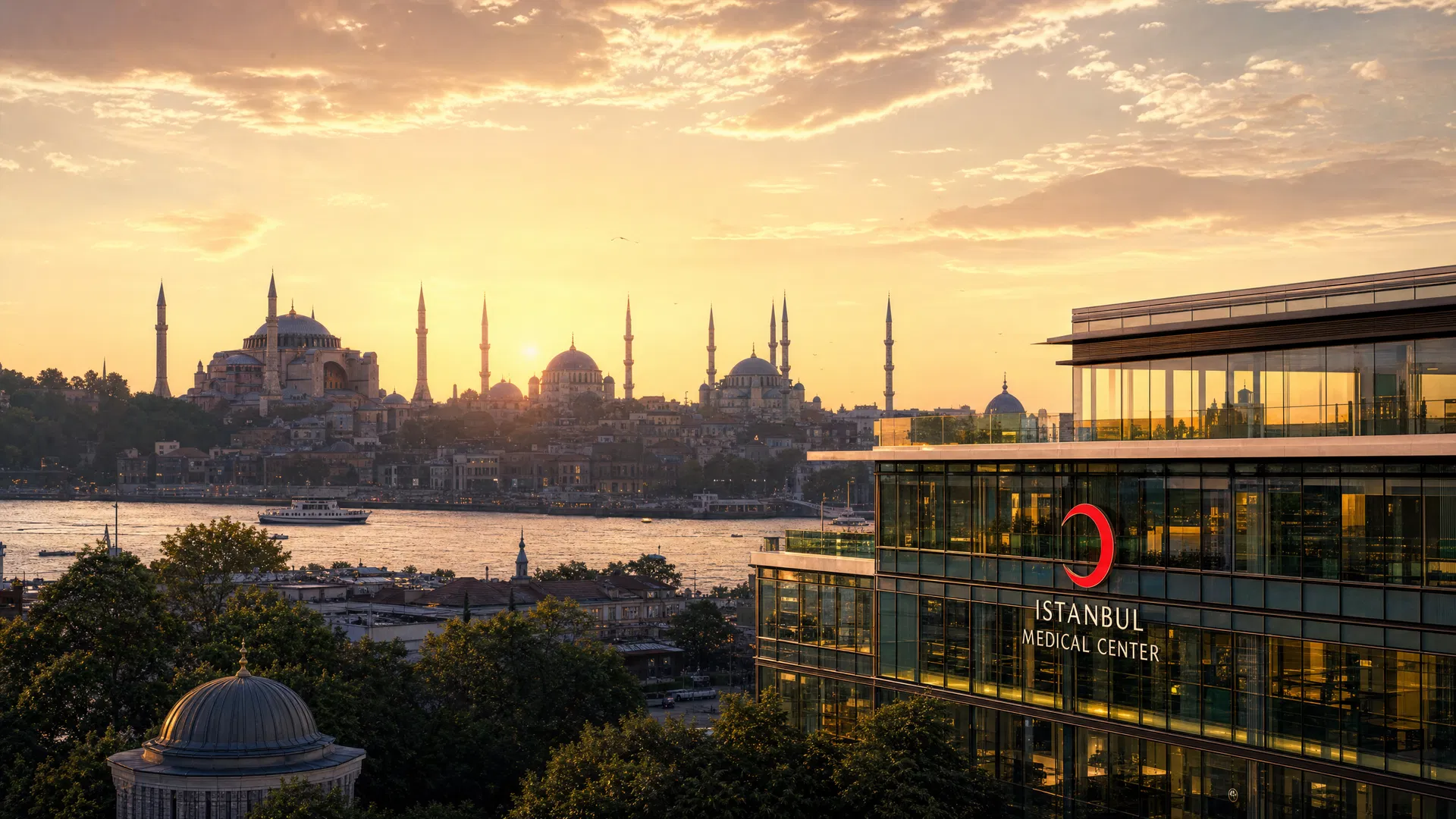 Istanbul skyline at golden hour with modern medical facility in foreground