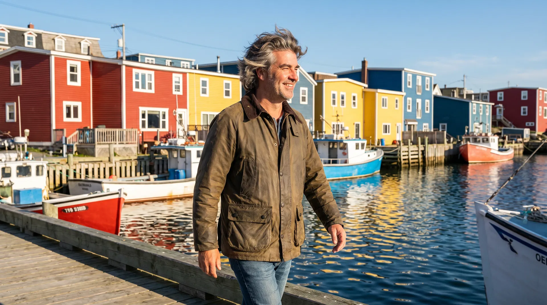 Man walking along colourful Newfoundland harbour with painted row houses