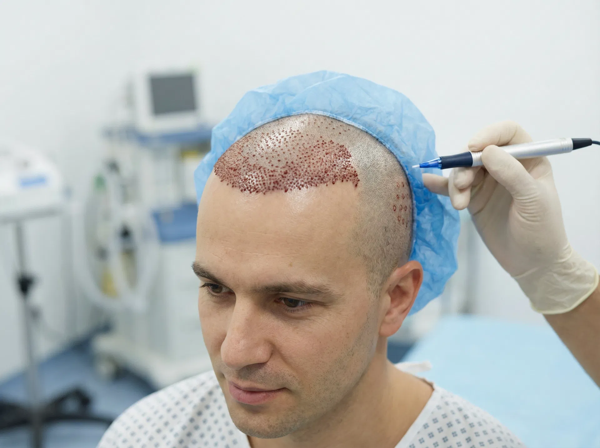 Patient immediately after hair transplant procedure at a Turkish clinic showing freshly implanted grafts in the recipient area