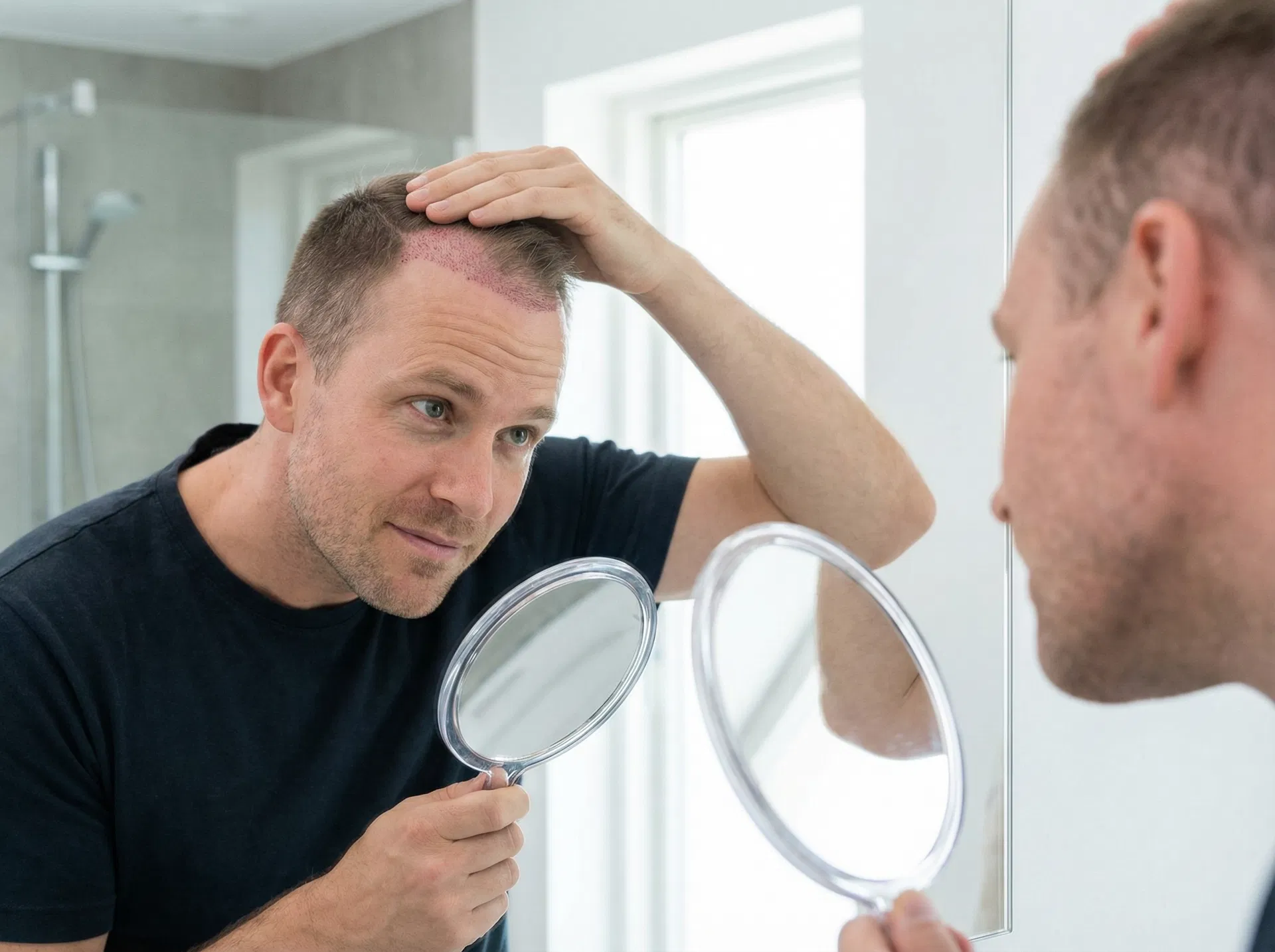 Man examining his scalp one month after hair transplant during the shock loss phase with transplanted hairs shedding normally