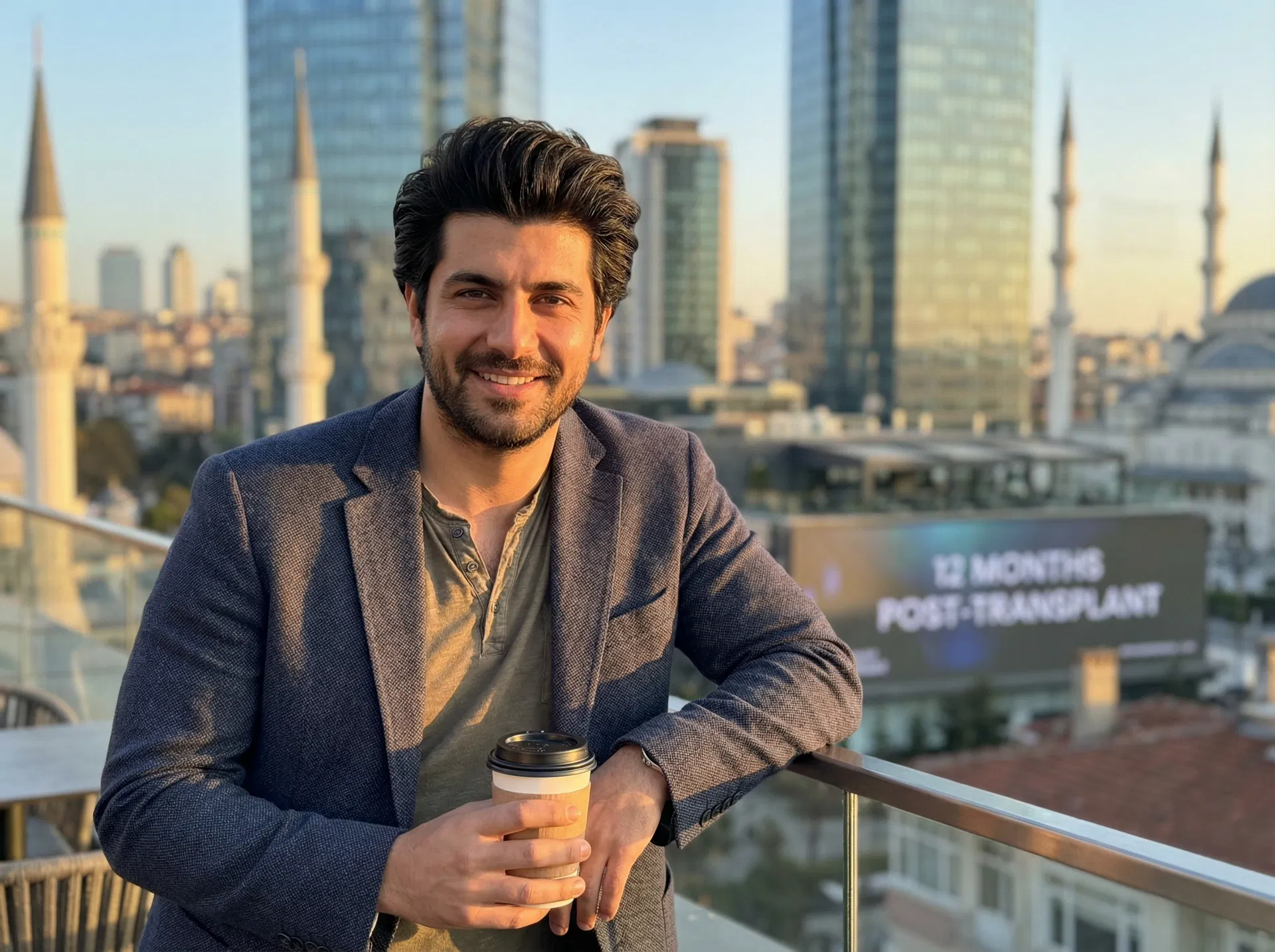 Confident man twelve months after successful hair transplant in Turkey with full natural-looking hair on Istanbul rooftop
